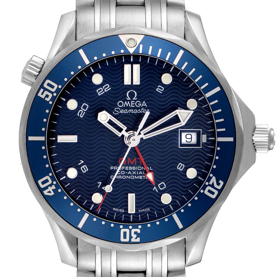 The Omega Seamaster watch is shown from the front, displaying its dial, bezel, crown, and part of the bracelet.
