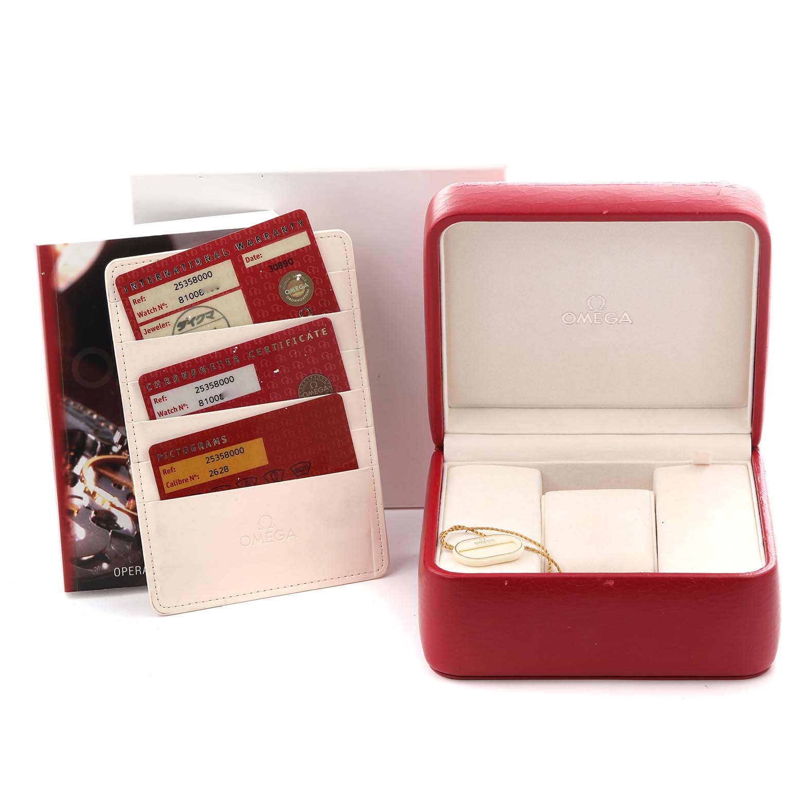 The image shows an Omega Seamaster 2535.80.00 Men
s Stainless Steel Blue Dial 2535.80.00 Men
s Stainless Steel Blue Dial watch box, certificates, manual, and accessories from a side angle.