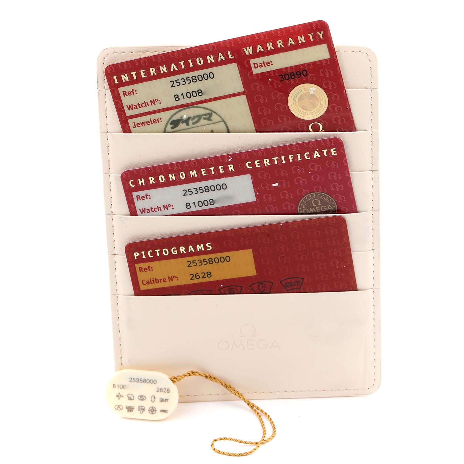 The image shows Omega Seamaster 2535.80.00 Men
s Stainless Steel Blue Dial 2535.80.00 Men
s Stainless Steel Blue Dial model cards and a tag, including warranty and certification details, in a leather holder.