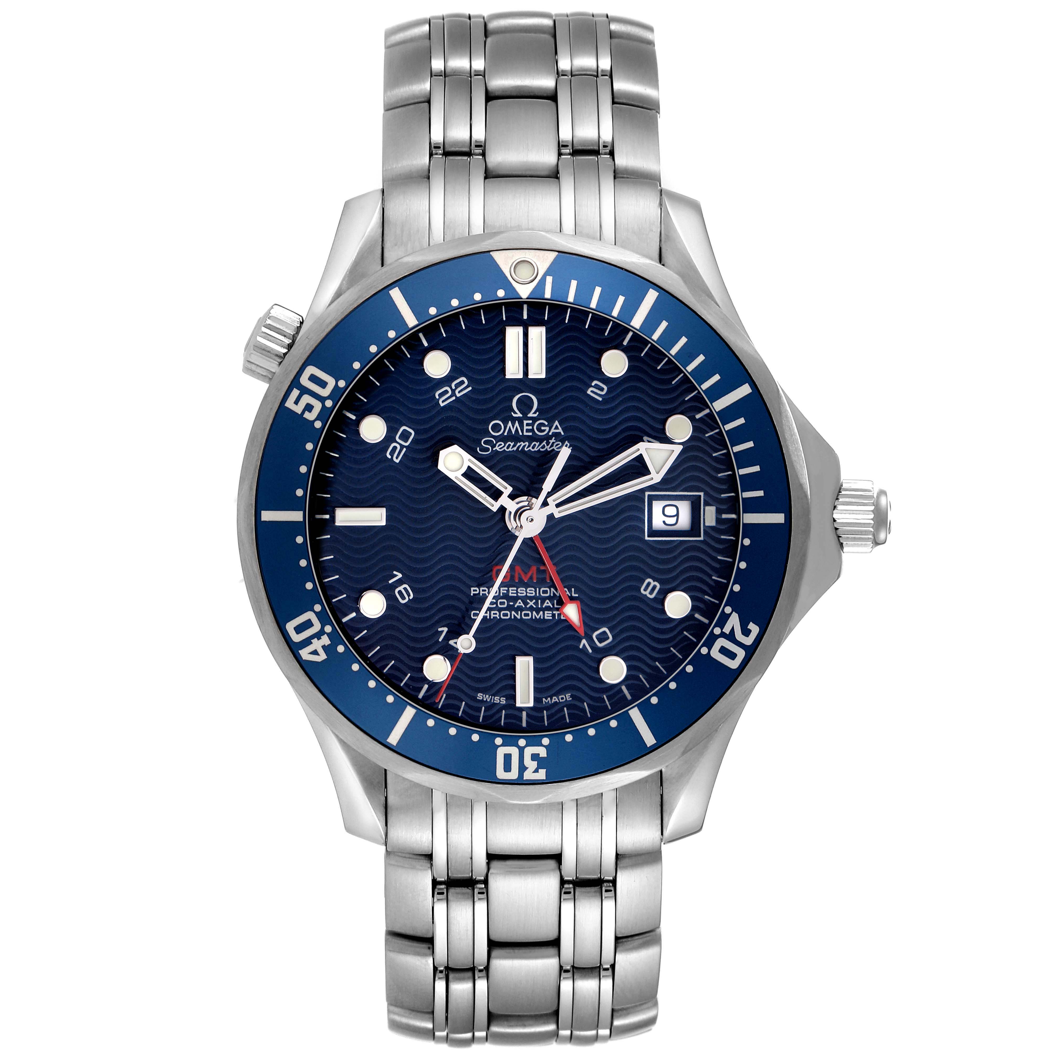 The Omega Seamaster 2535.80.00 Men
s Stainless Steel Blue Dial 2535.80.00 Men
s Stainless Steel Blue Dial watch is shown from a front angle, highlighting the face, bezel, and part of the bracelet.