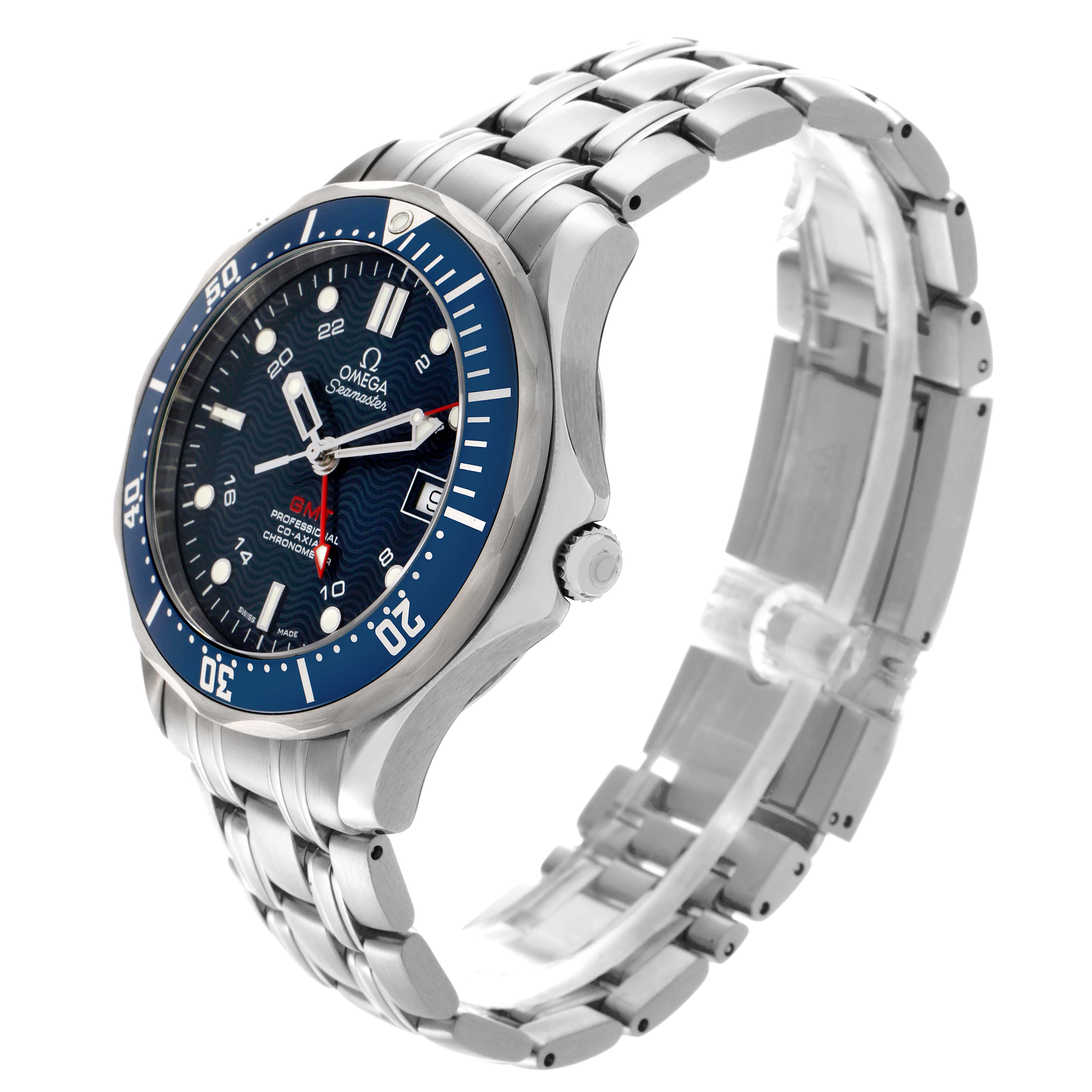 The Omega Seamaster 2535.80.00 Men
s Stainless Steel Blue Dial 2535.80.00 Men
s Stainless Steel Blue Dial watch is shown at a three-quarter angle, highlighting its blue bezel, dial, and metal bracelet.