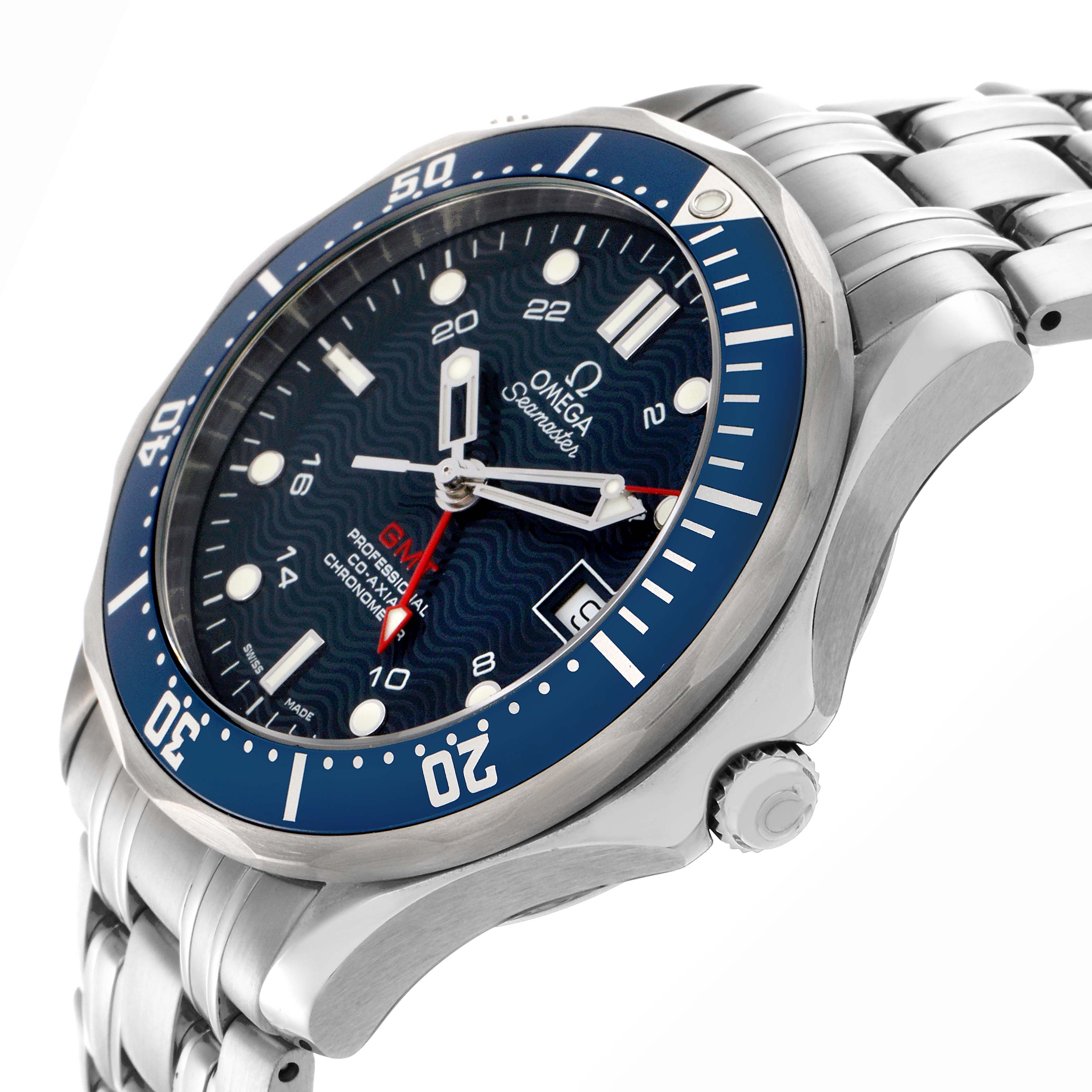 The Omega Seamaster 2535.80.00 Men
s Stainless Steel Blue Dial 2535.80.00 Men
s Stainless Steel Blue Dial watch is shown from a side angle, highlighting its blue face, bezel, and stainless steel bracelet.