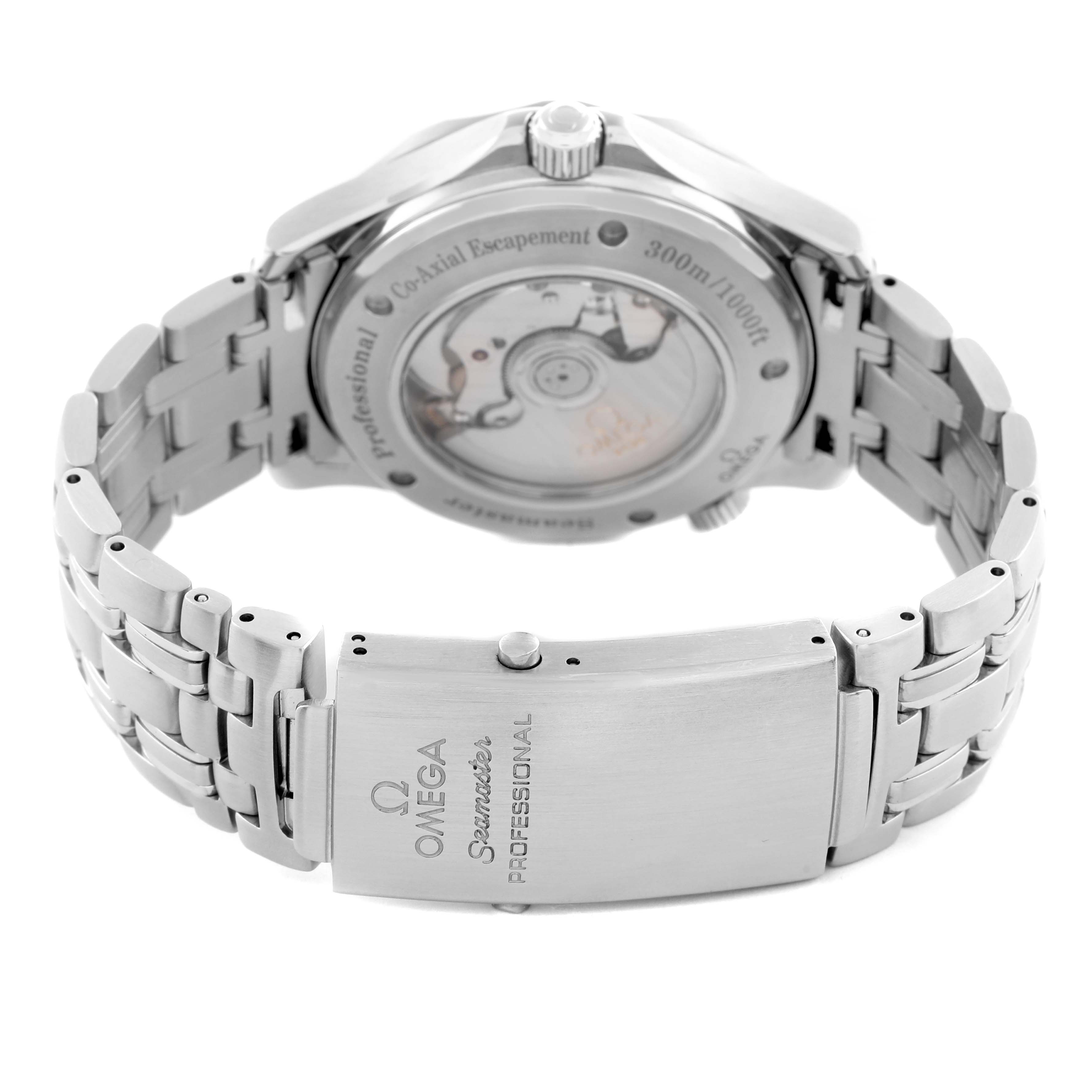 The image shows the back of an Omega Seamaster 2535.80.00 Men
s Stainless Steel Blue Dial 2535.80.00 Men
s Stainless Steel Blue Dial watch, featuring the case back, movement, and clasp.