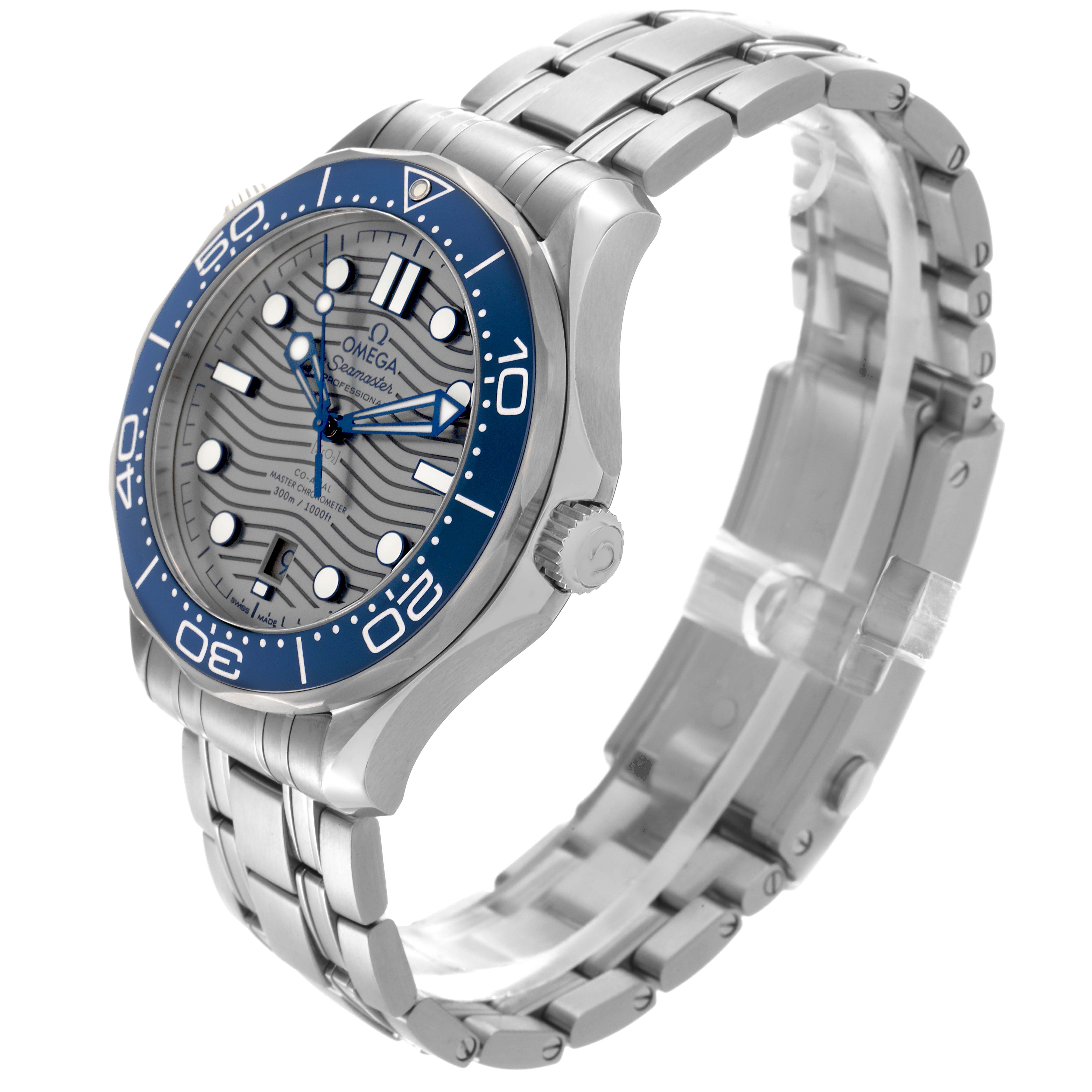 The Omega Seamaster 210.30.42.20.06.001 Men
s Stainless Steel Grey Dial 210.30.42.20.06.001 Men
s Stainless Steel Grey Dial watch is shown at a three-quarter angle, highlighting the face, bezel, crown, and bracelet.