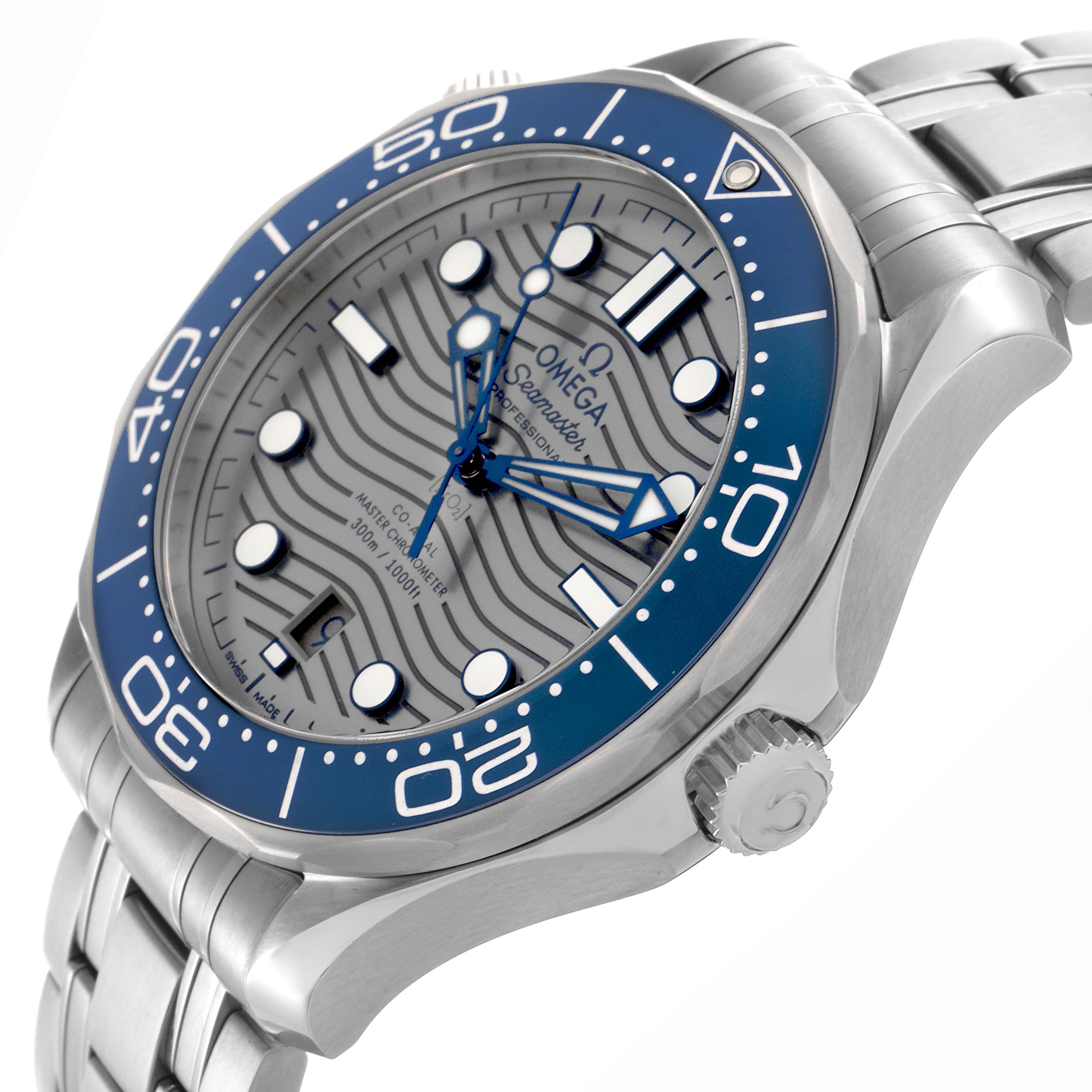 The image shows an angled side view of the Omega Seamaster 210.30.42.20.06.001 Men
s Stainless Steel Grey Dial 210.30.42.20.06.001 Men
s Stainless Steel Grey Dial watch, highlighting the face, bezel, and crown.