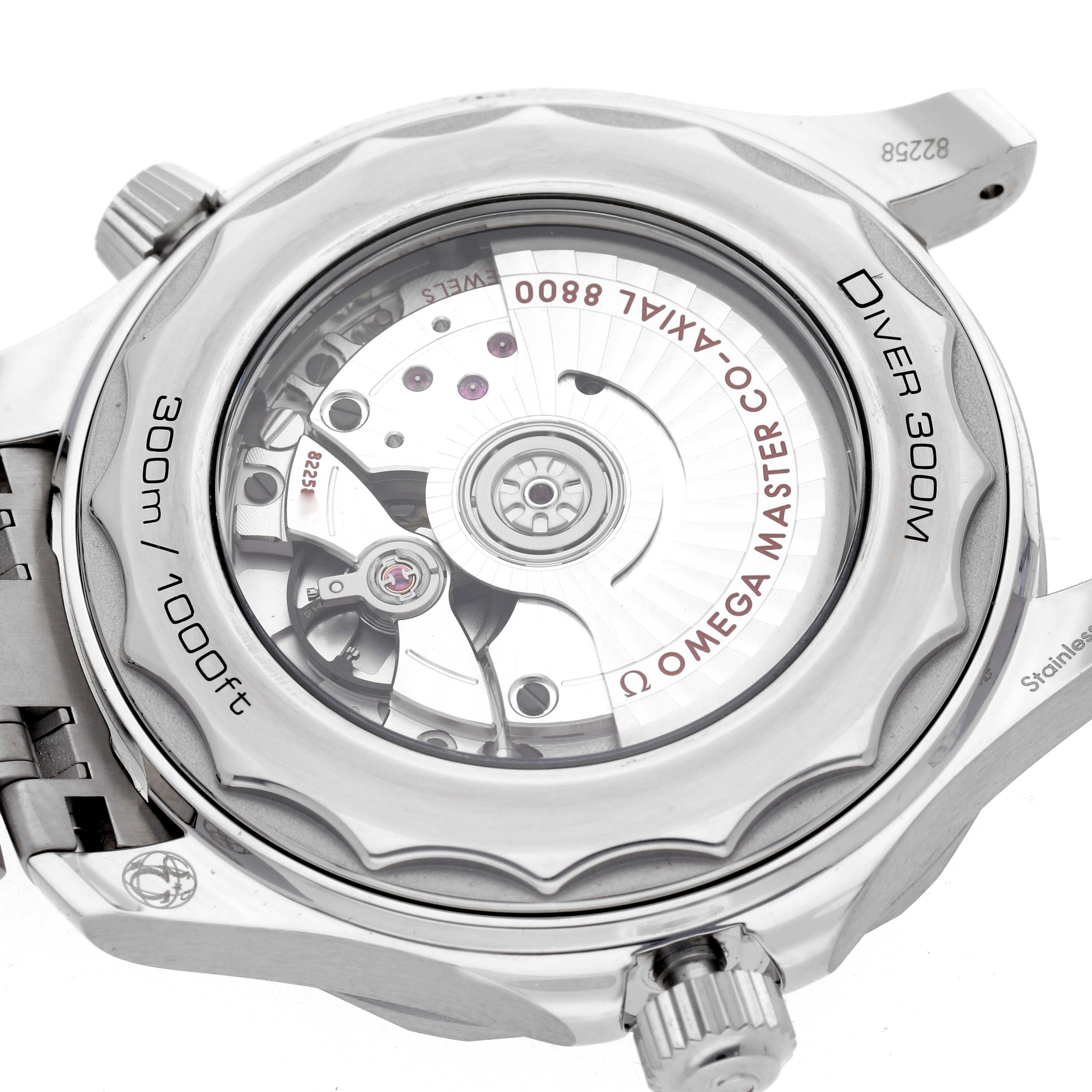The image shows the back of an Omega Seamaster 210.30.42.20.06.001 Men
s Stainless Steel Grey Dial 210.30.42.20.06.001 Men
s Stainless Steel Grey Dial watch, highlighting the movement and case details.