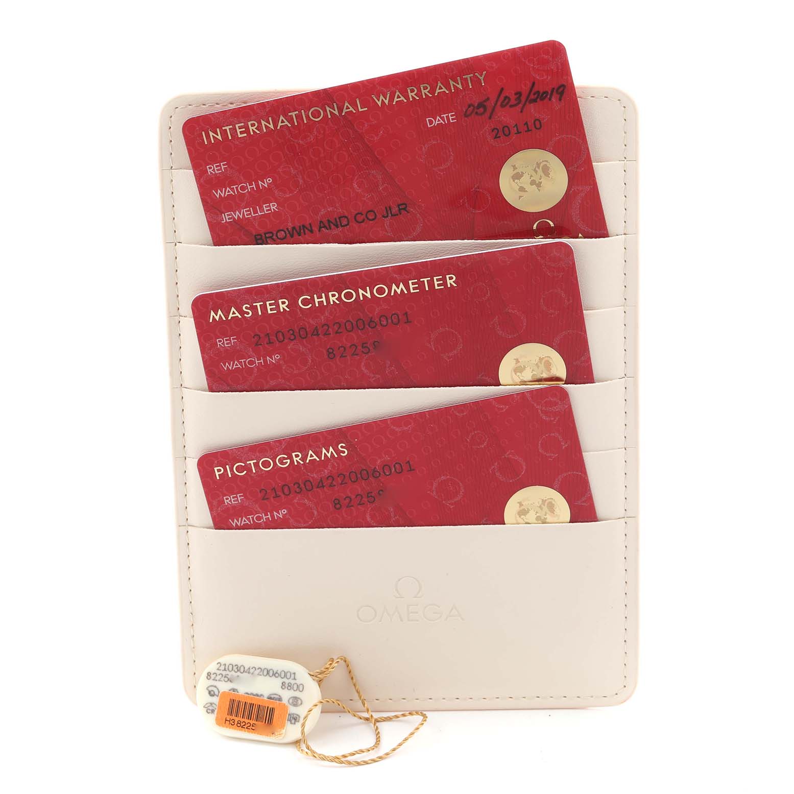 The image shows the Omega Seamaster 210.30.42.20.06.001 Men
s Stainless Steel Grey Dial 210.30.42.20.06.001 Men
s Stainless Steel Grey Dial
s warranty cards and tag, neatly arranged in a cardholder.