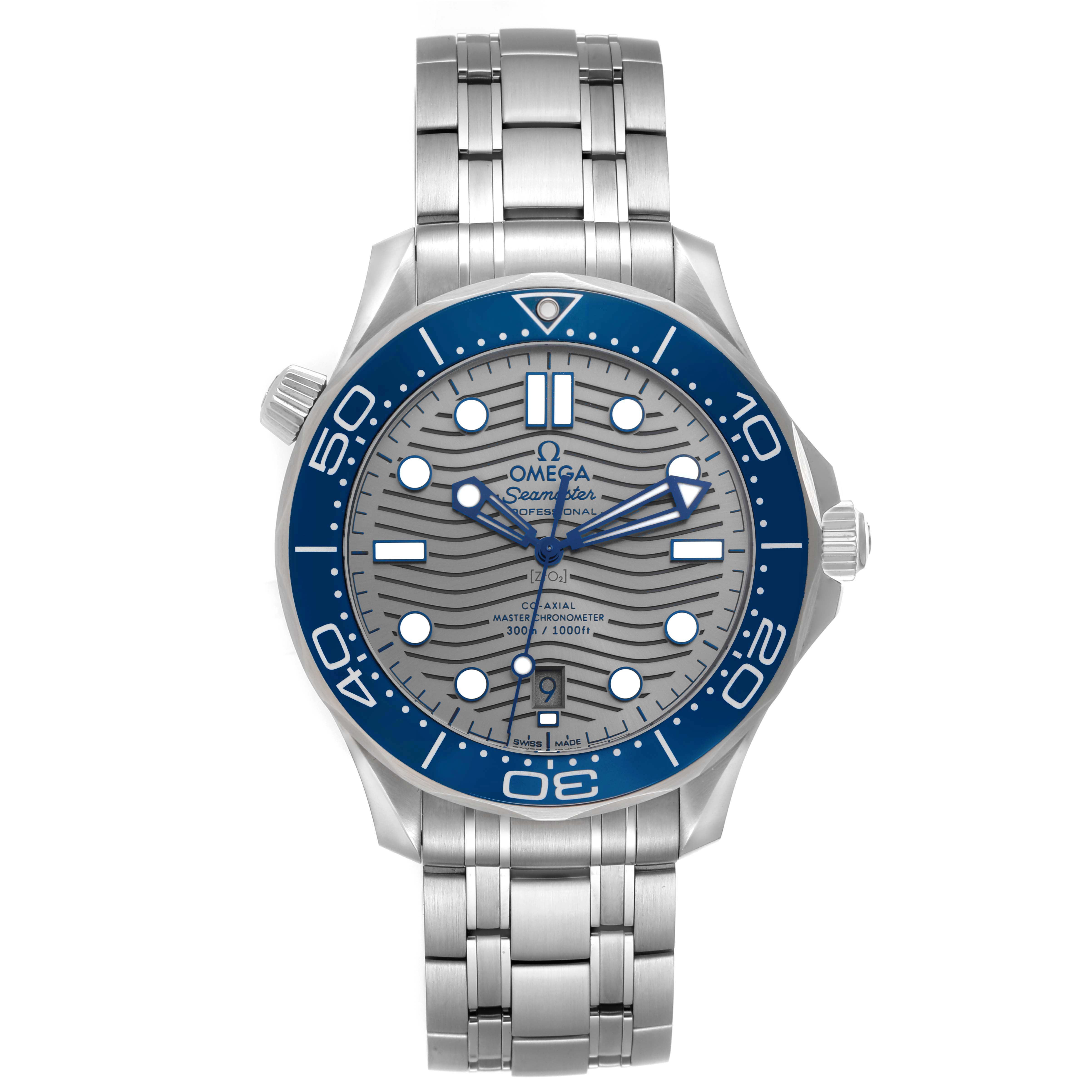 The Omega Seamaster 210.30.42.20.06.001 Men
s Stainless Steel Grey Dial 210.30.42.20.06.001 Men
s Stainless Steel Grey Dial watch is shown from the front, highlighting the dial, bezel, and bracelet.