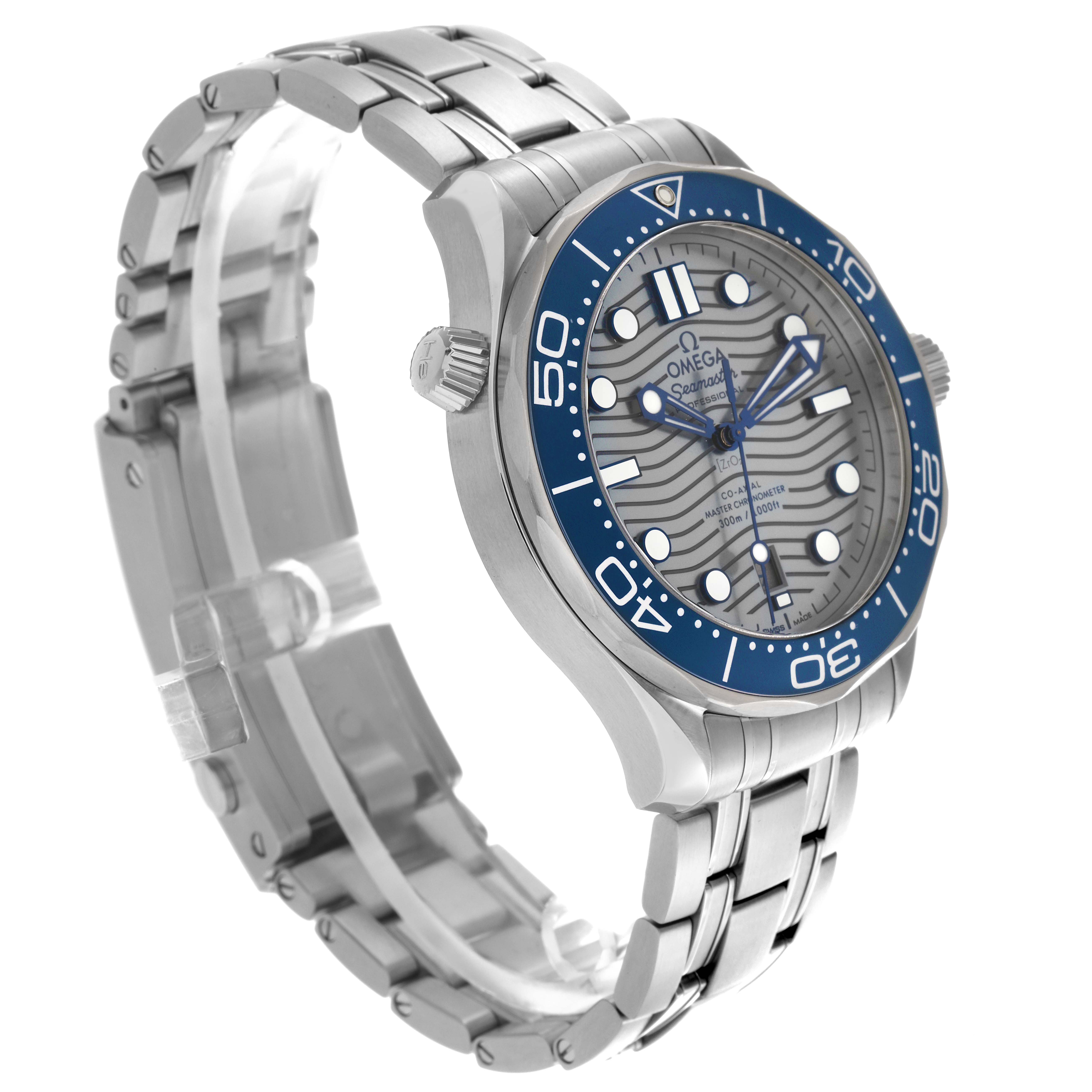 The Omega Seamaster 210.30.42.20.06.001 Men
s Stainless Steel Grey Dial 210.30.42.20.06.001 Men
s Stainless Steel Grey Dial watch is viewed from the side, showing the dial, bezel, crown, and part of the bracelet.