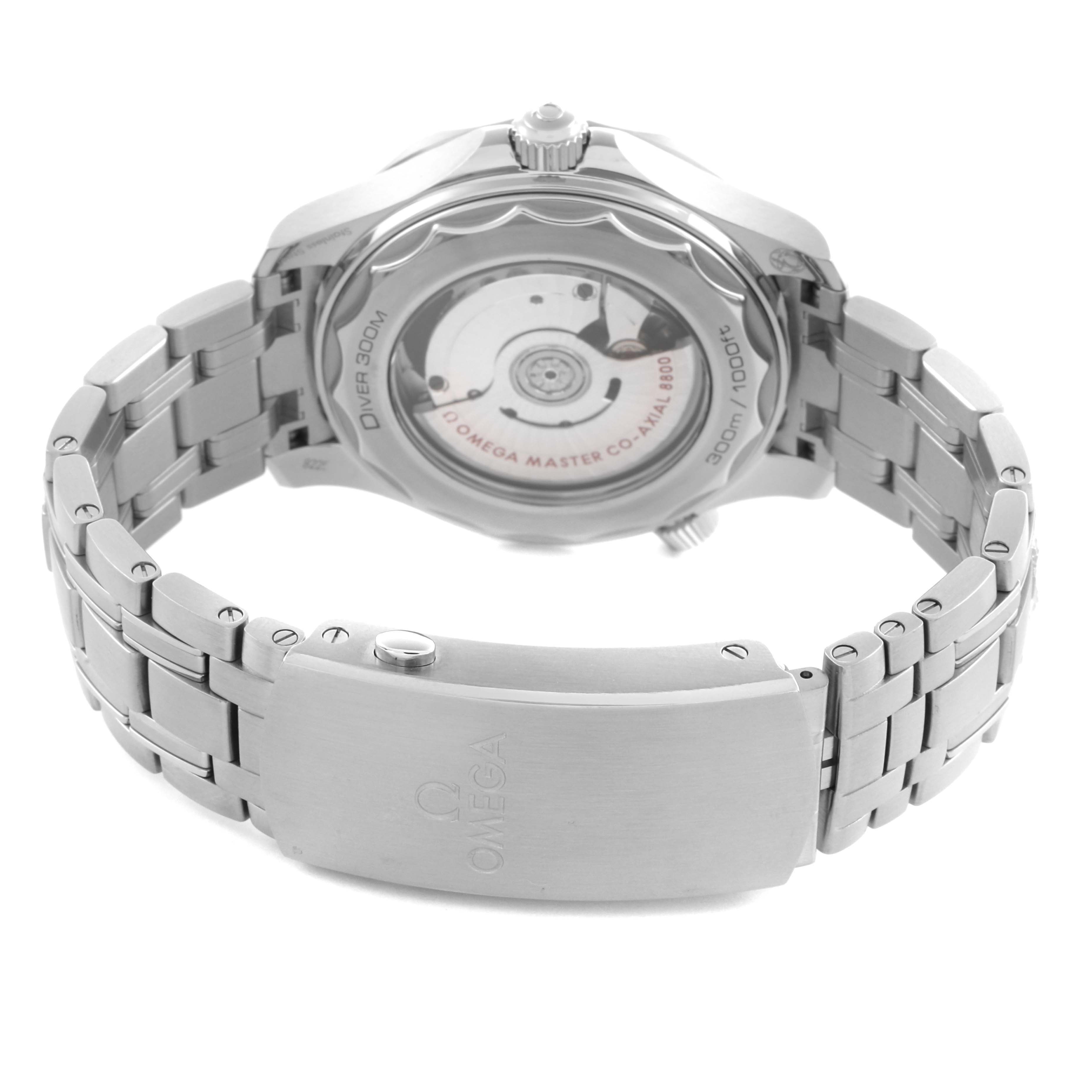 The Omega Seamaster 210.30.42.20.06.001 Men
s Stainless Steel Grey Dial 210.30.42.20.06.001 Men
s Stainless Steel Grey Dial watch is shown from the rear, displaying its open case back and metal bracelet.