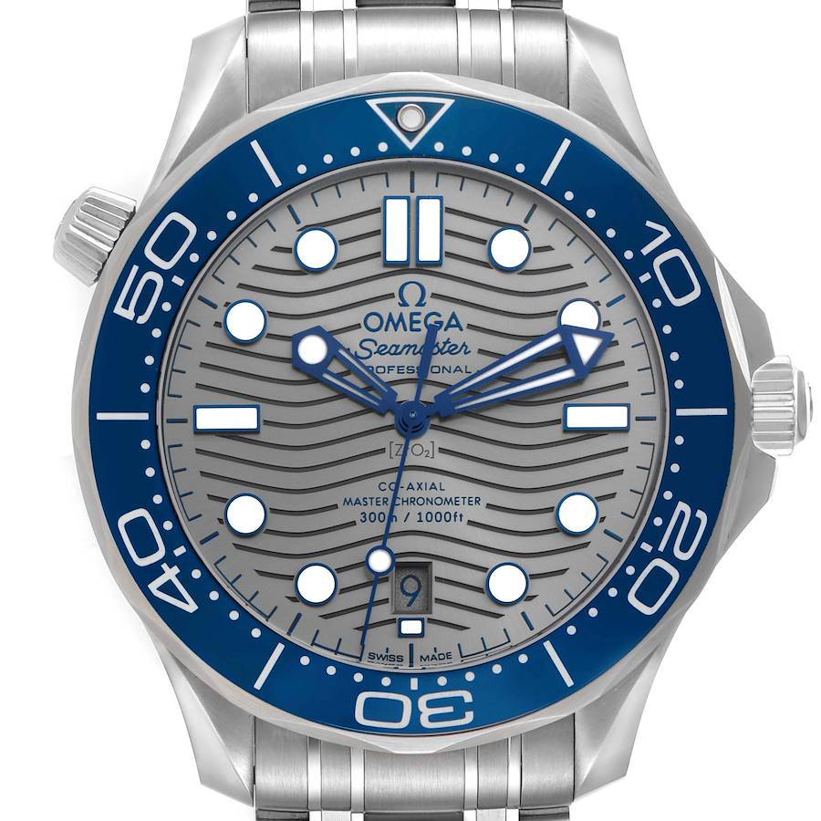 The Omega Seamaster watch is shown from the front, displaying the dial, bezel, and part of the bracelet.