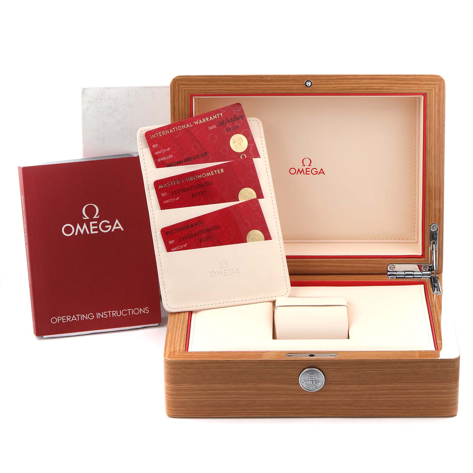 The image shows an Omega Seamaster 210.30.42.20.06.001 Men
s Stainless Steel Grey Dial 210.30.42.20.06.001 Men
s Stainless Steel Grey Dial box set with warranty cards, instructions, and an open watch case at a direct angle.