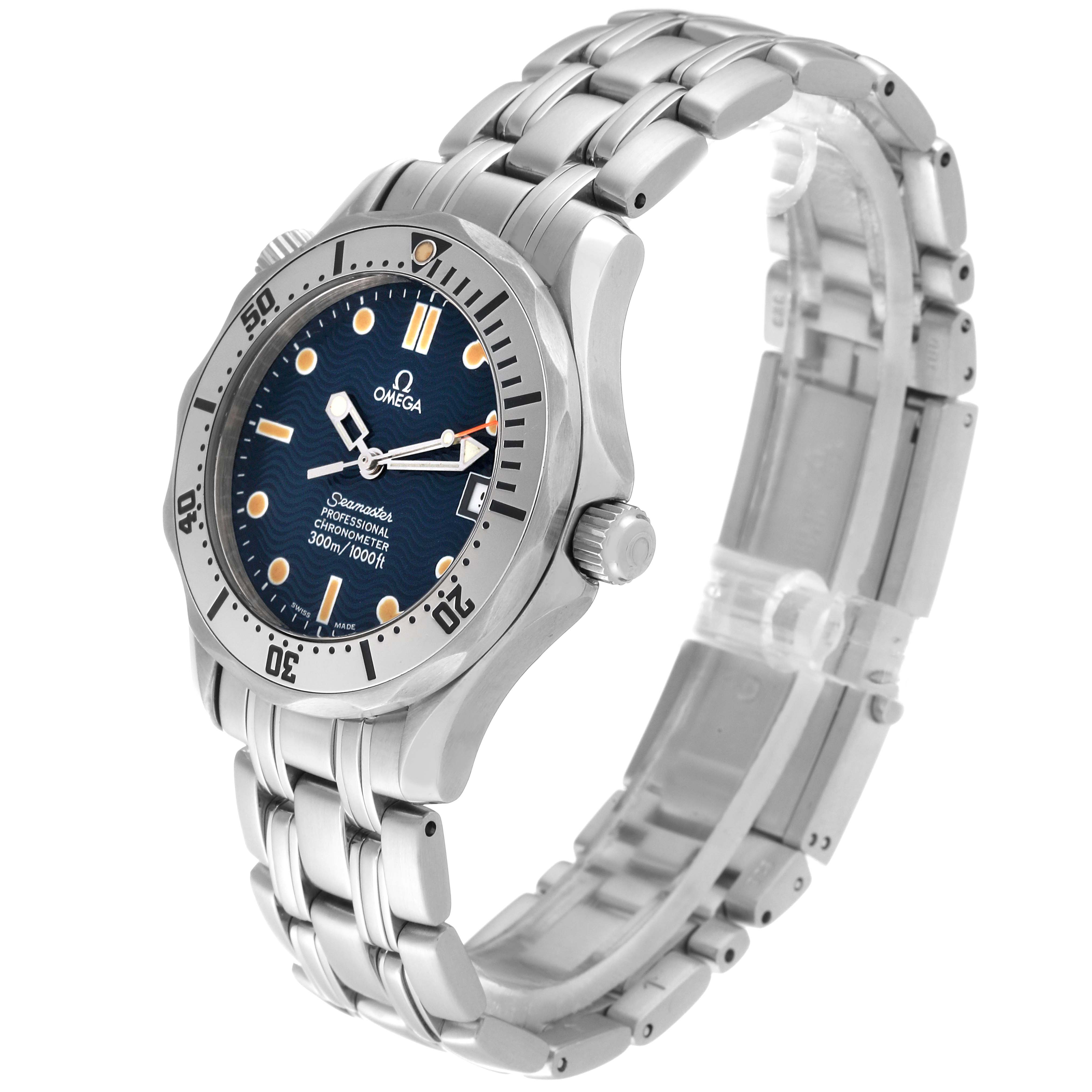 The Omega Seamaster 2552.80.00 Men
s Stainless Steel Blue Dial 2552.80.00 Men
s Stainless Steel Blue Dial watch is shown at a three-quarter angle, highlighting the bezel, dial, crown, and metal bracelet.