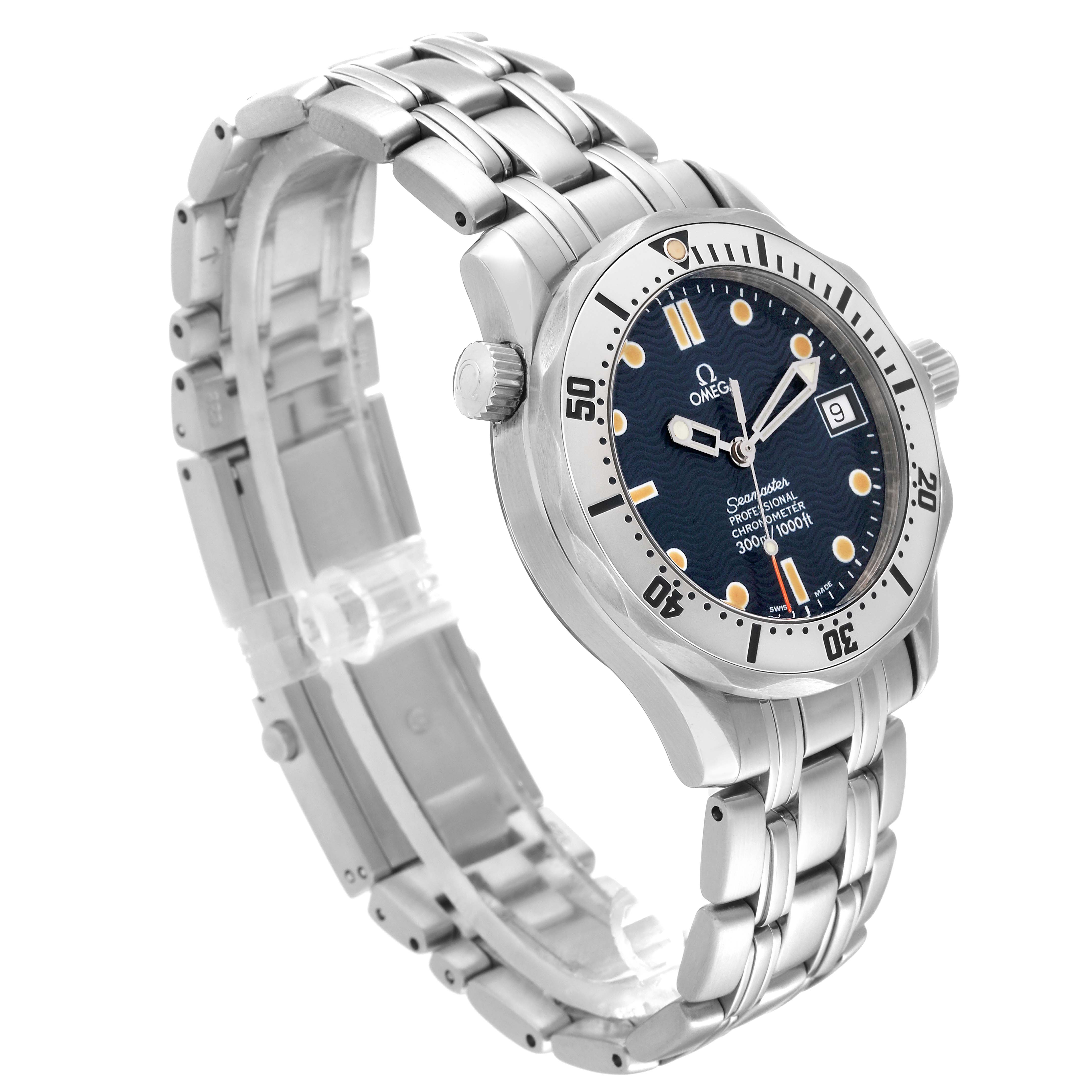 The Omega Seamaster 2552.80.00 Men
s Stainless Steel Blue Dial 2552.80.00 Men
s Stainless Steel Blue Dial watch is shown at a three-quarter angle, displaying its face, bezel, and metal bracelet.