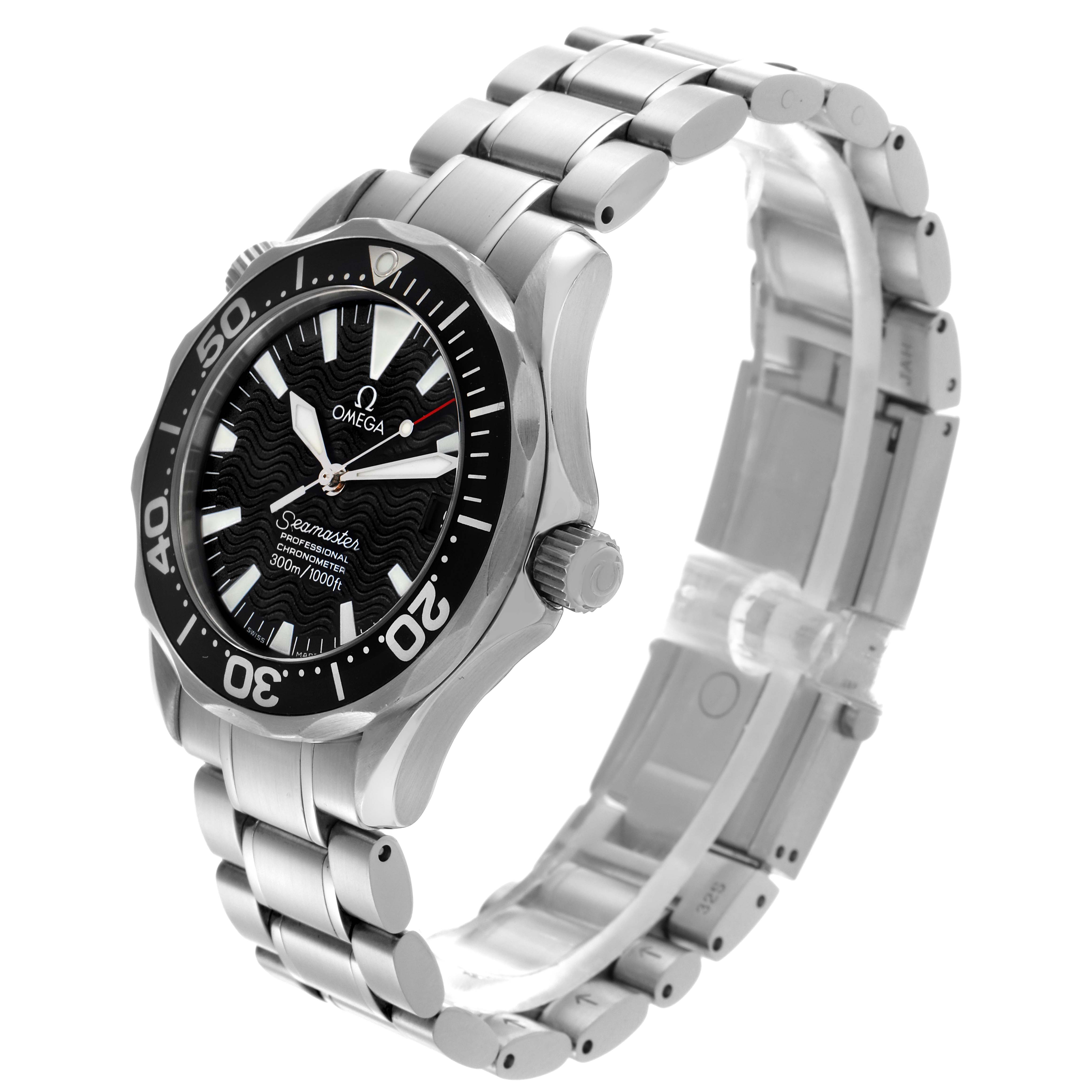 The Omega Seamaster 2252.50.00 Men
s Stainless Steel Black Dial 2252.50.00 Men
s Stainless Steel Black Dial watch is shown at a three-quarter angle, displaying the face, bezel, crown, and bracelet.