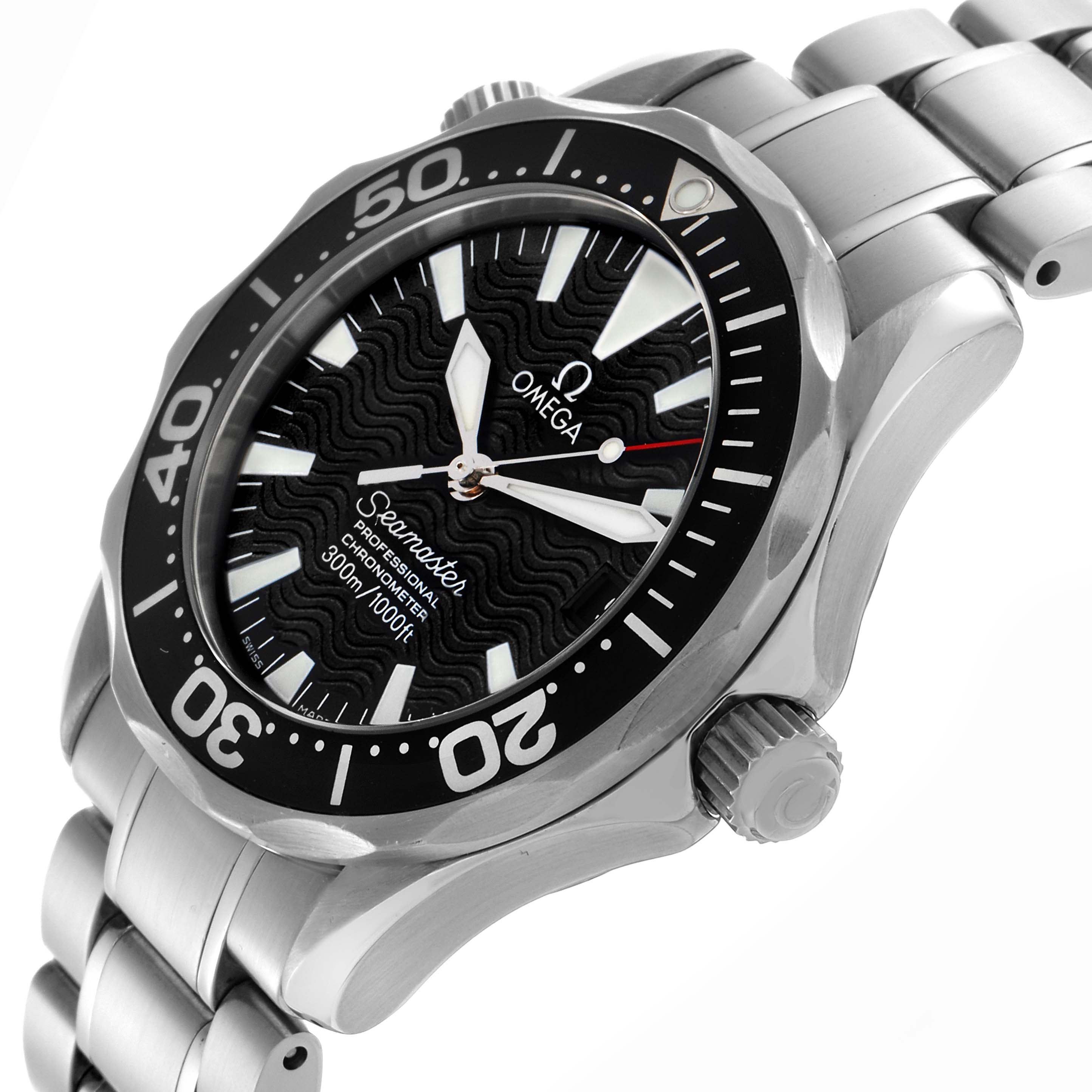 This image shows the Omega Seamaster 2252.50.00 Men
s Stainless Steel Black Dial 2252.50.00 Men
s Stainless Steel Black Dial watch at an angle highlighting the face, bezel, crown, and stainless steel bracelet.