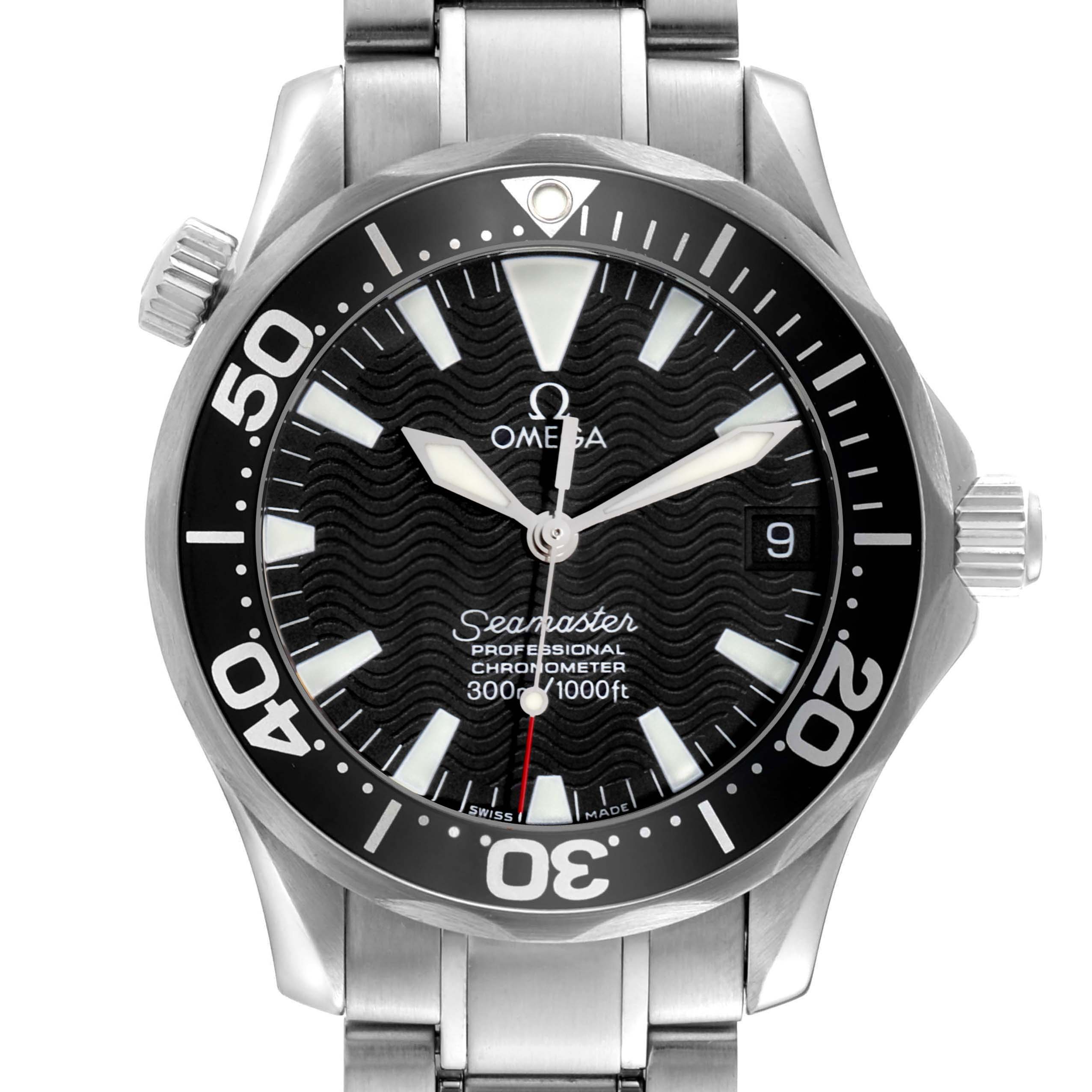 The Omega Seamaster 2252.50.00 Men
s Stainless Steel Black Dial 2252.50.00 Men
s Stainless Steel Black Dial watch is shown from a straight-on angle, highlighting the face, bezel, crown, and part of the bracelet.