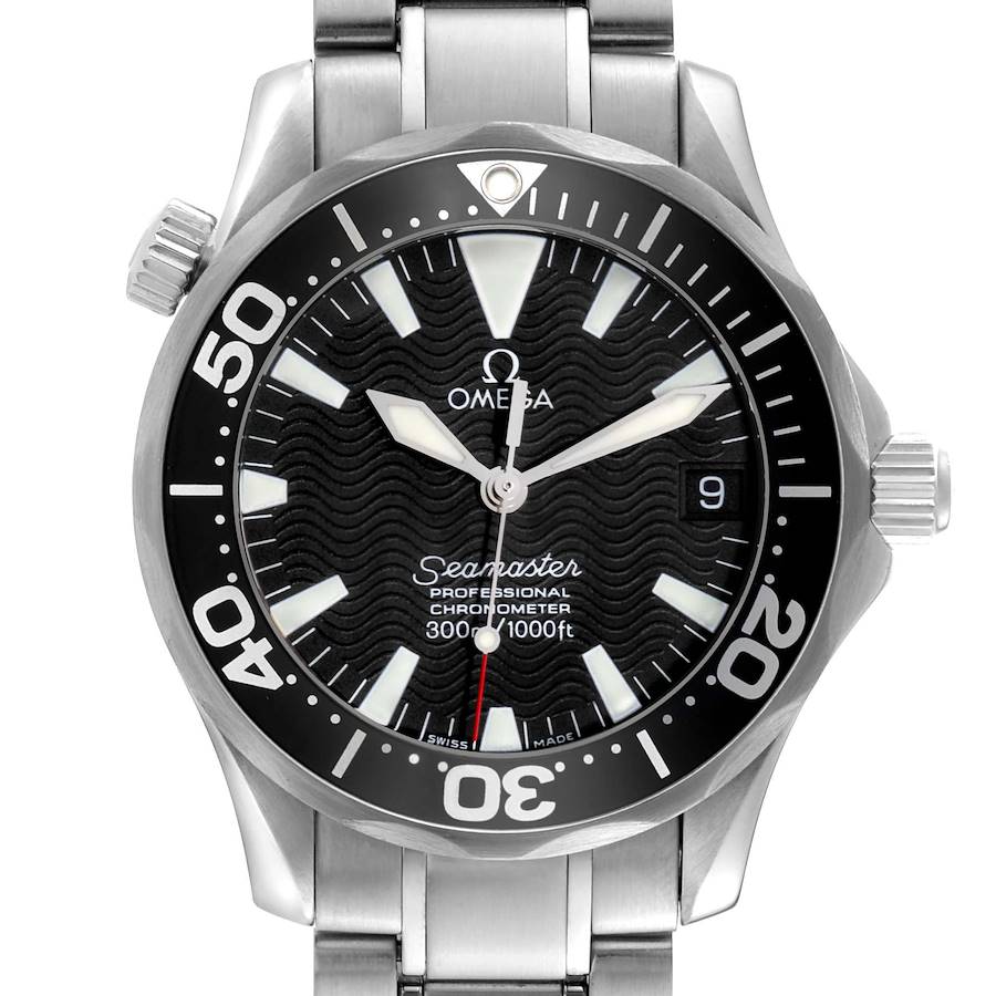 The Omega Seamaster watch is shown from a straight-on angle, highlighting the face, bezel, crown, and part of the bracelet.