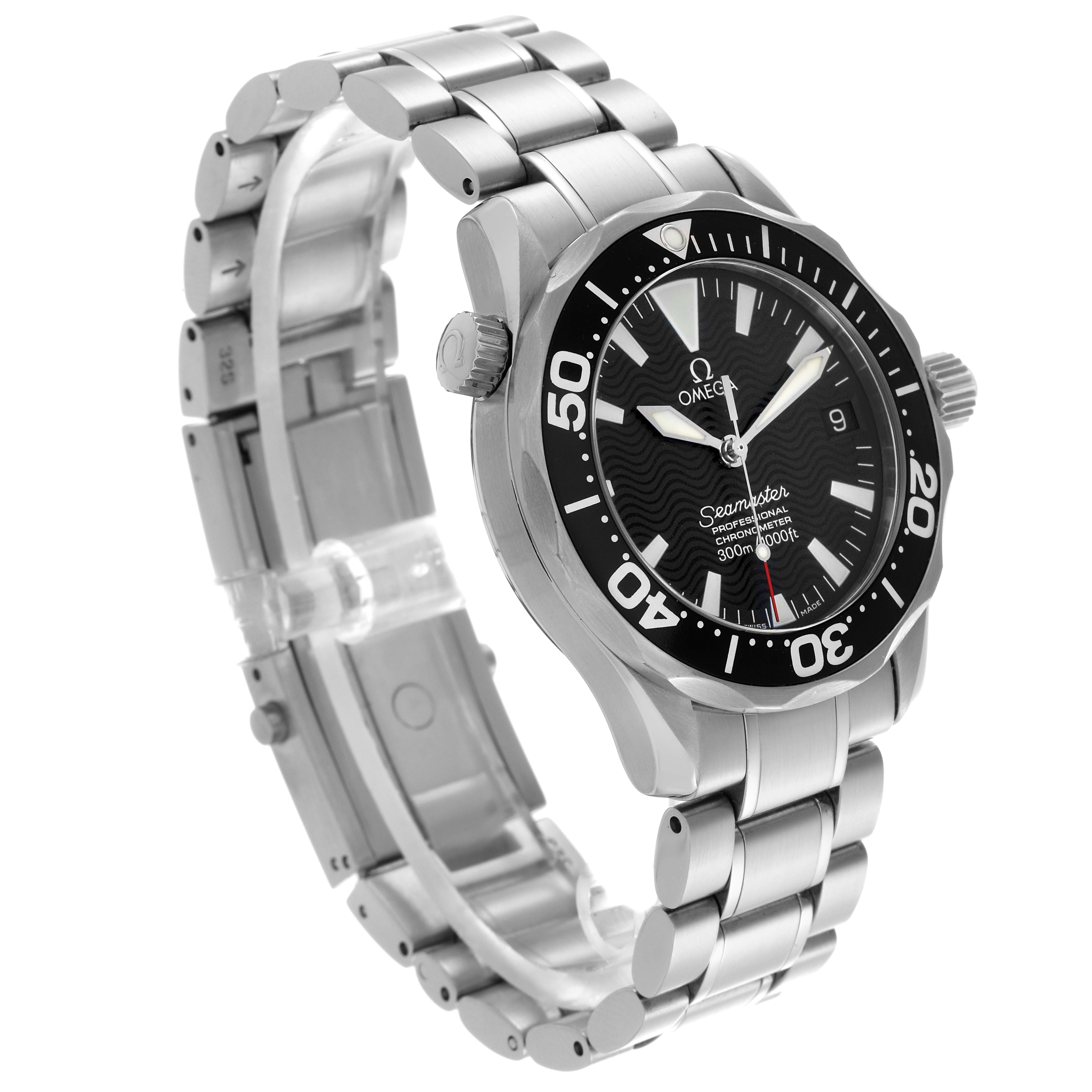 The Omega Seamaster 2252.50.00 Men
s Stainless Steel Black Dial 2252.50.00 Men
s Stainless Steel Black Dial watch is shown at a three-quarter angle, highlighting its bracelet, bezel, crown, and dial.