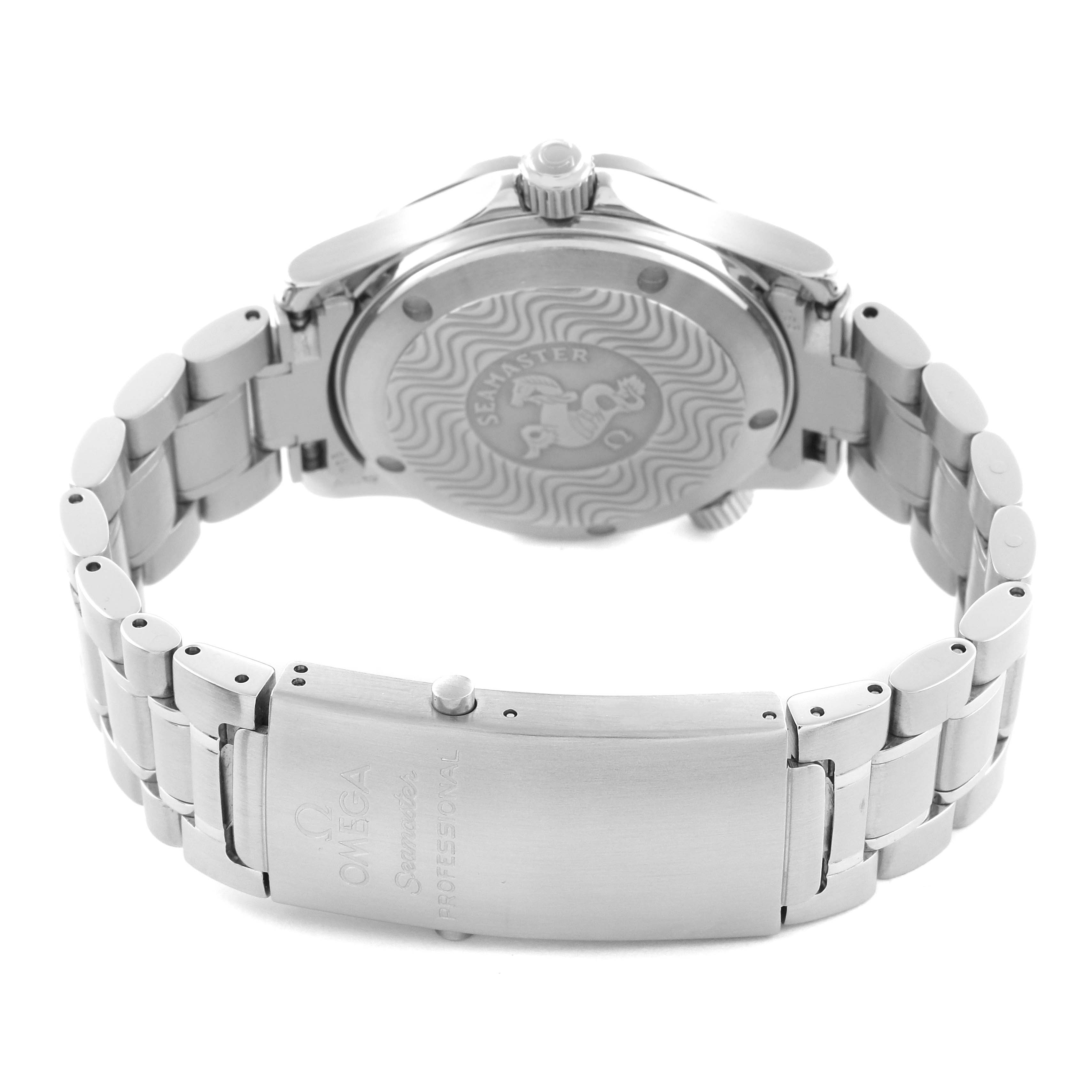 The Omega Seamaster 2252.50.00 Men
s Stainless Steel Black Dial 2252.50.00 Men
s Stainless Steel Black Dial watch is shown from the back, highlighting the case back, bracelet, and clasp with brand engravings.