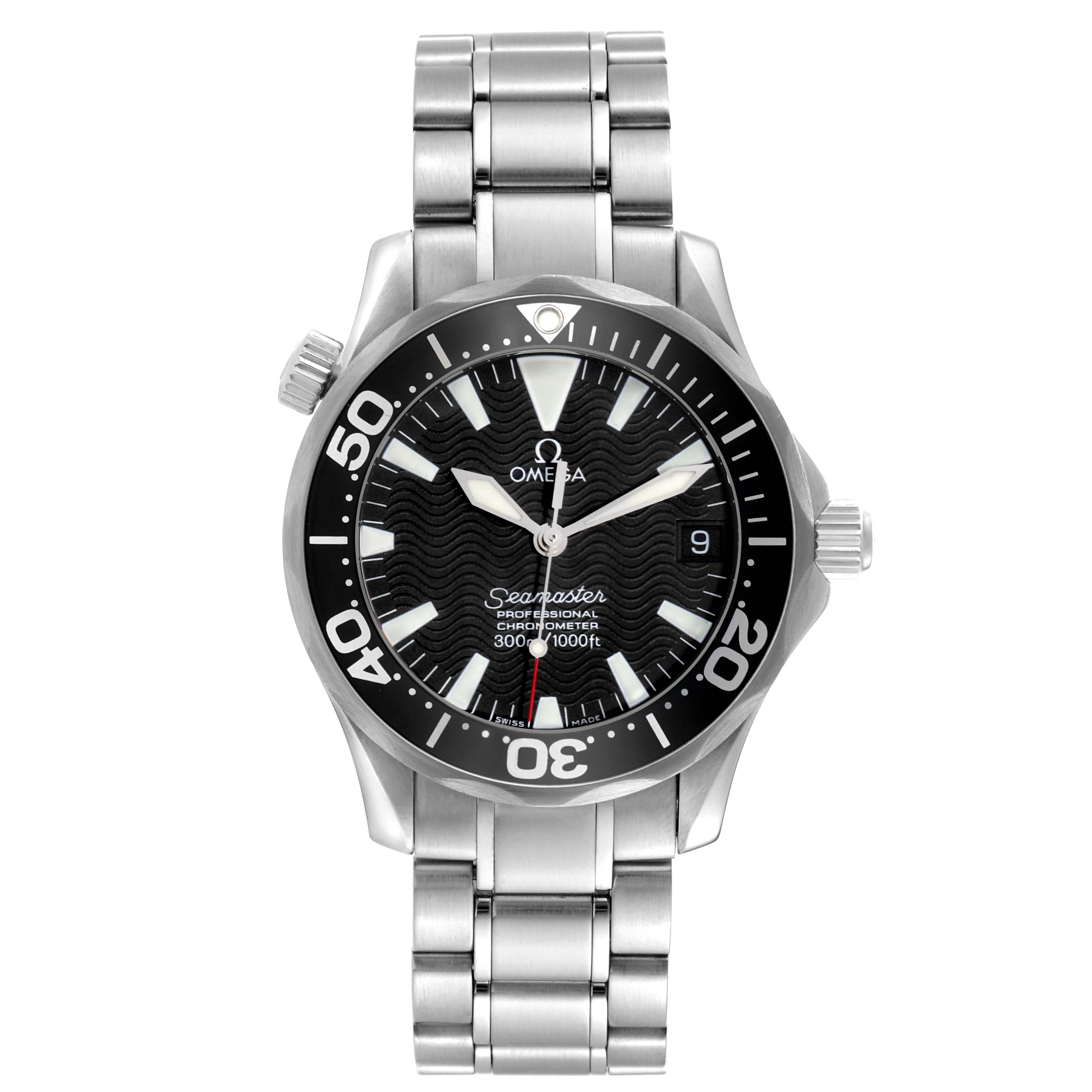 The Omega Seamaster 2252.50.00 Men
s Stainless Steel Black Dial 2252.50.00 Men
s Stainless Steel Black Dial watch is shown from a front angle, displaying the face, bezel, crown, and bracelet.