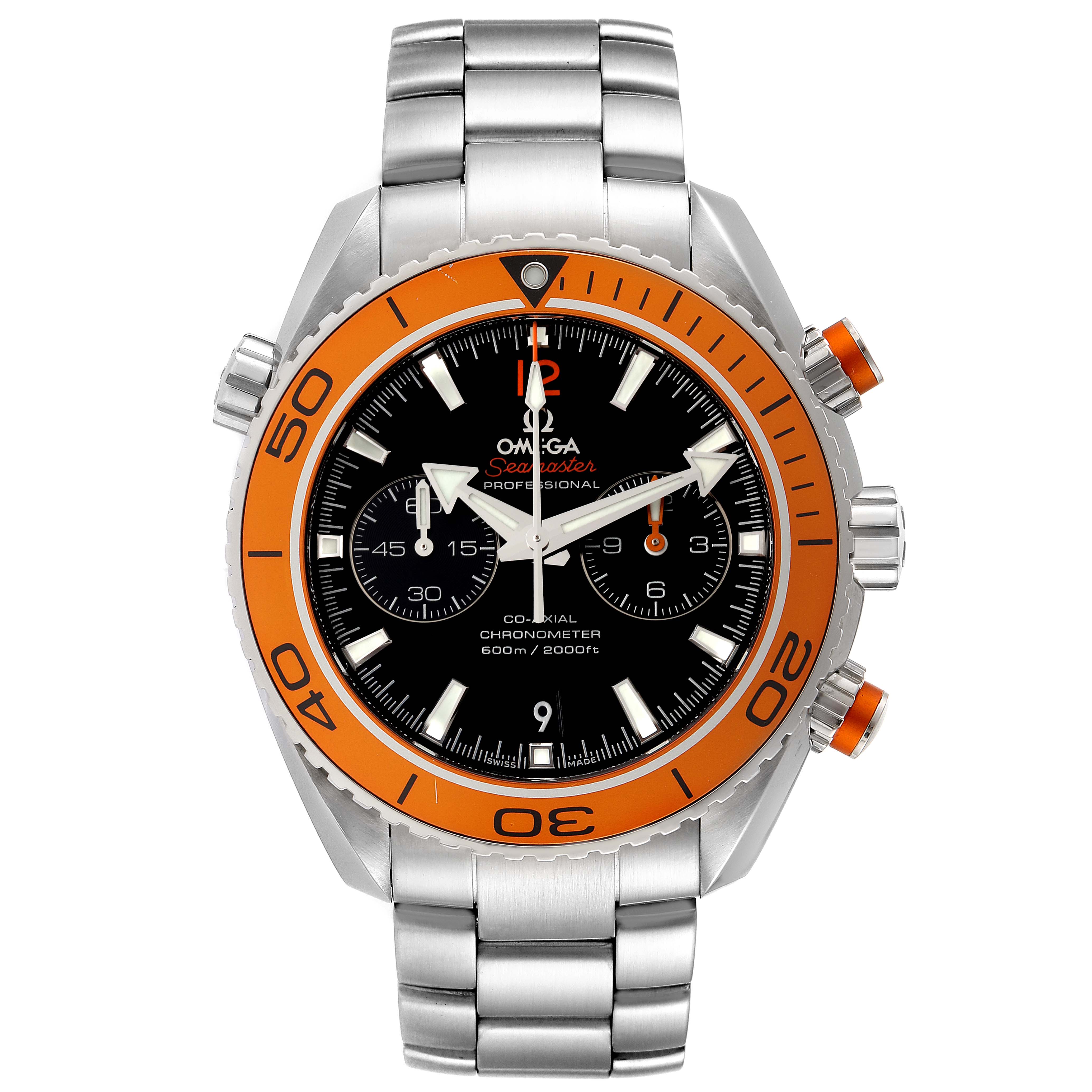 This is a front view of the Omega Planet Ocean 232.30.46.51.01.002 Men's Stainless Steel Black Dial 232.30.46.51.01.002 Men's Stainless Steel Black Dial model watch, showcasing its orange bezel, black dial, chronograph functions, and metal bracelet.