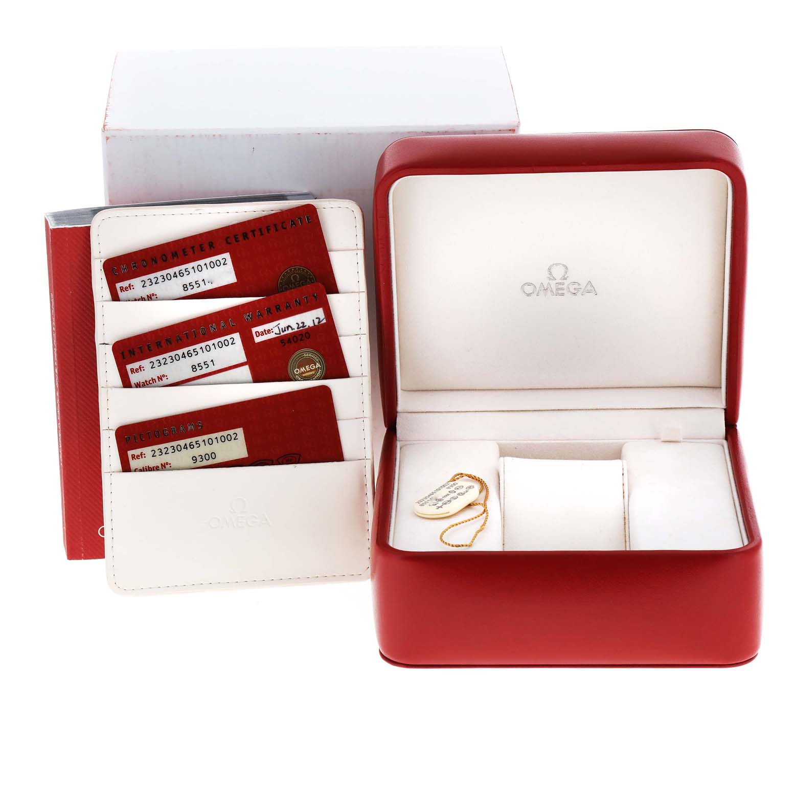 The image shows the packaging, watch box, and certificates for the Omega Planet Ocean 232.30.46.51.01.002 Men's Stainless Steel Black Dial 232.30.46.51.01.002 Men's Stainless Steel Black Dial model.