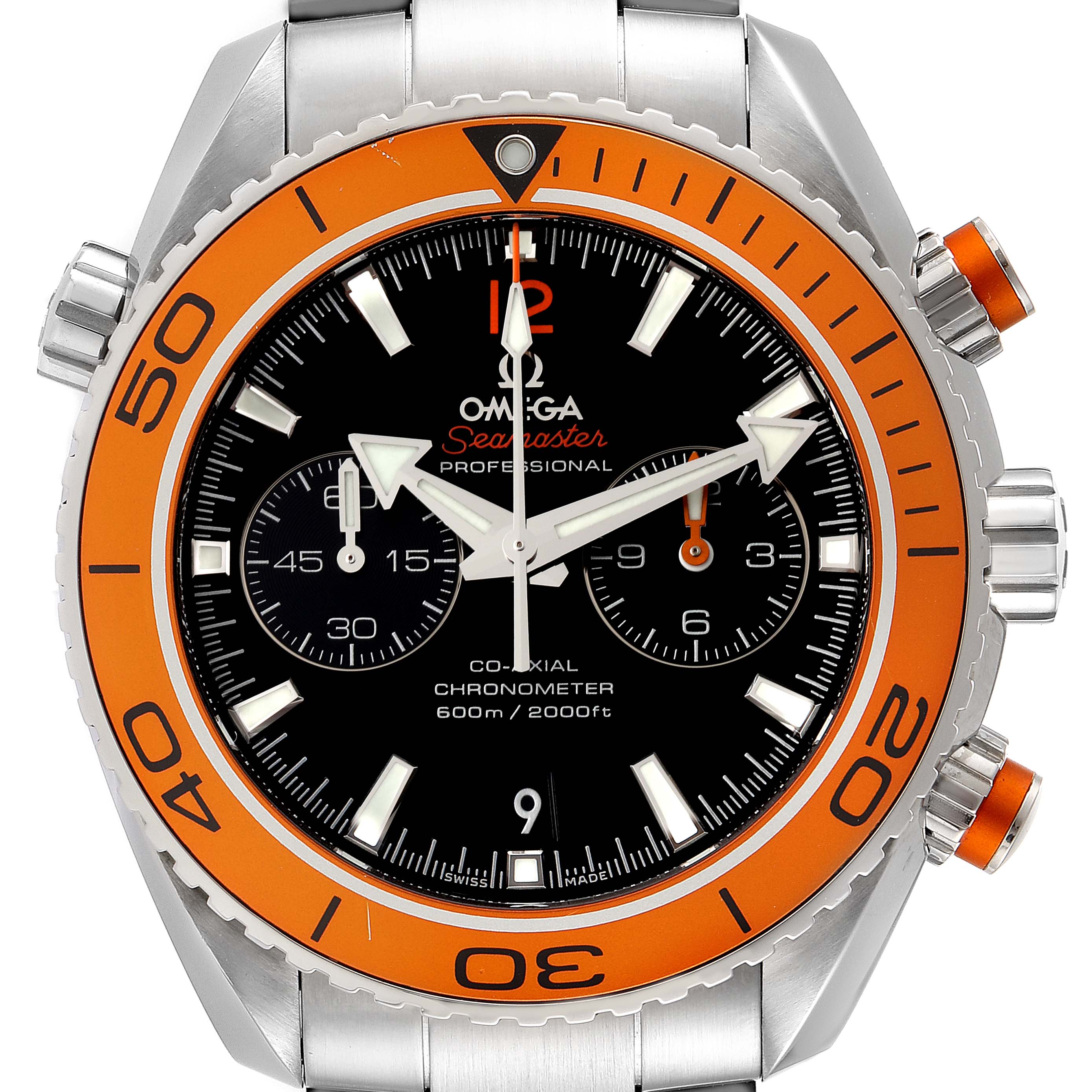 The Omega Planet Ocean 232.30.46.51.01.002 Men's Stainless Steel Black Dial 232.30.46.51.01.002 Men's Stainless Steel Black Dial watch is angled to show the front face, bezel, crown, and pushers.