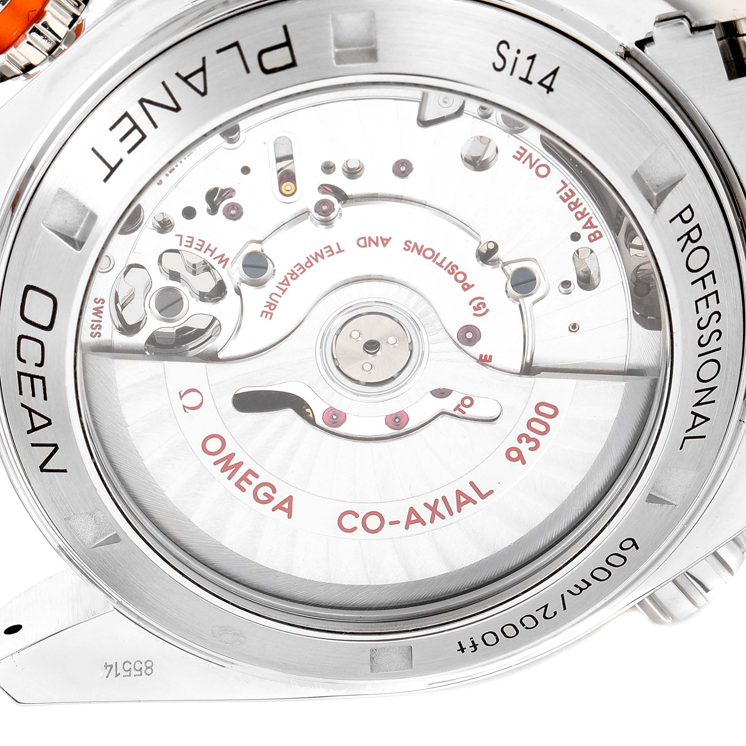 The image shows the back view of the Omega Planet Ocean 232.30.46.51.01.002 Men's Stainless Steel Black Dial 232.30.46.51.01.002 Men's Stainless Steel Black Dial model, revealing the Co-Axial 9300 movement inside.