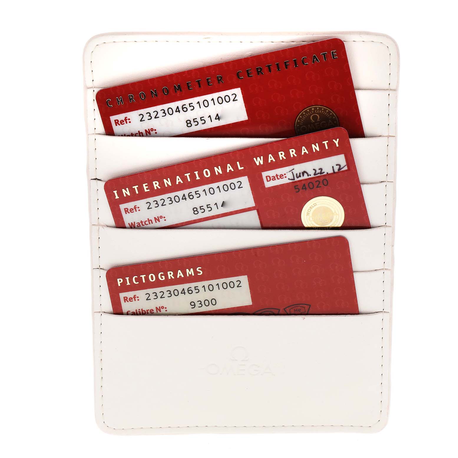 This image shows the warranty cards and certificates for the Omega Planet Ocean 232.30.46.51.01.002 Men's Stainless Steel Black Dial 232.30.46.51.01.002 Men's Stainless Steel Black Dial watch inside a white cardholder.