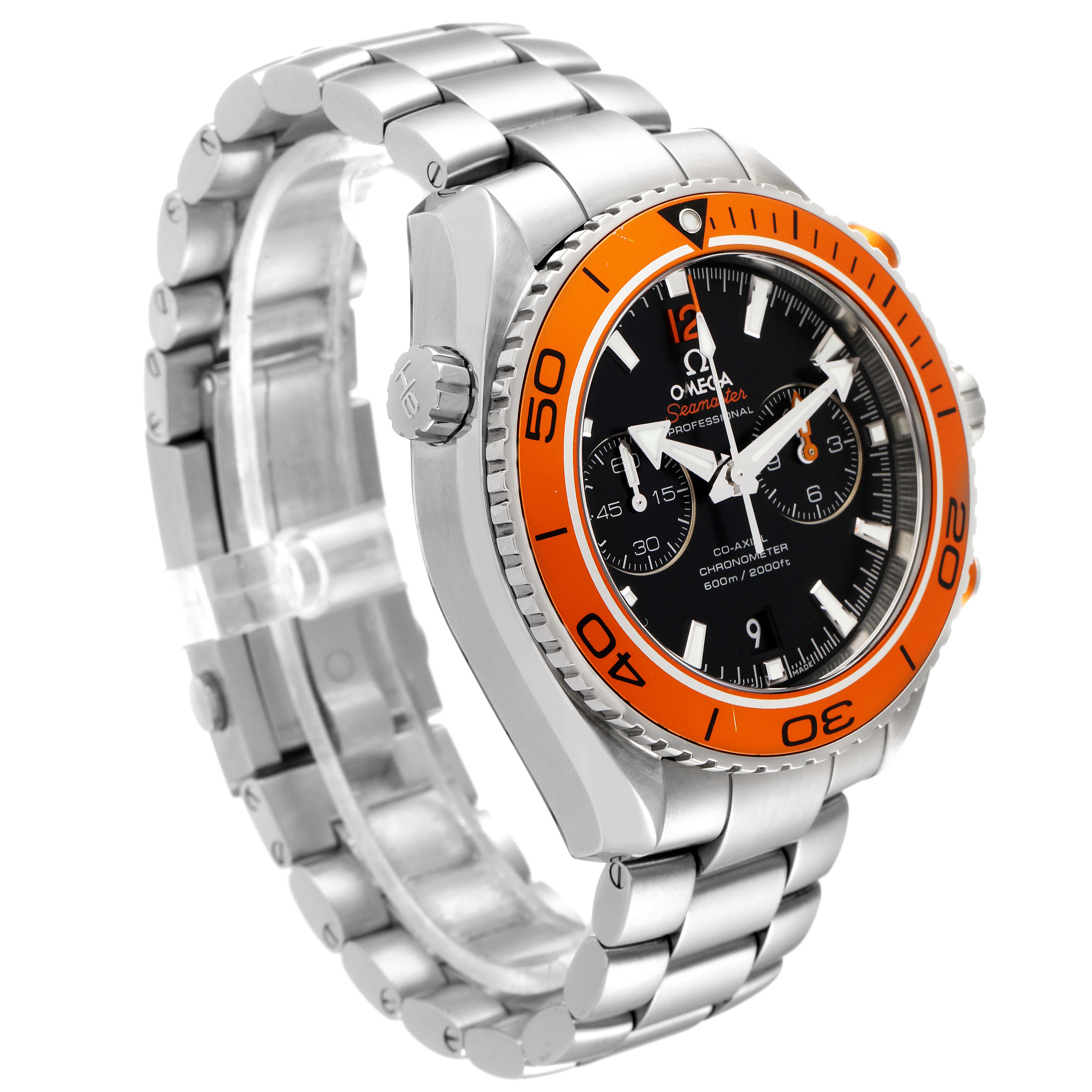 The Omega Planet Ocean 232.30.46.51.01.002 Men's Stainless Steel Black Dial 232.30.46.51.01.002 Men's Stainless Steel Black Dial watch is shown from a right-front angle, displaying its bezel, dial, bracelet, and crown.