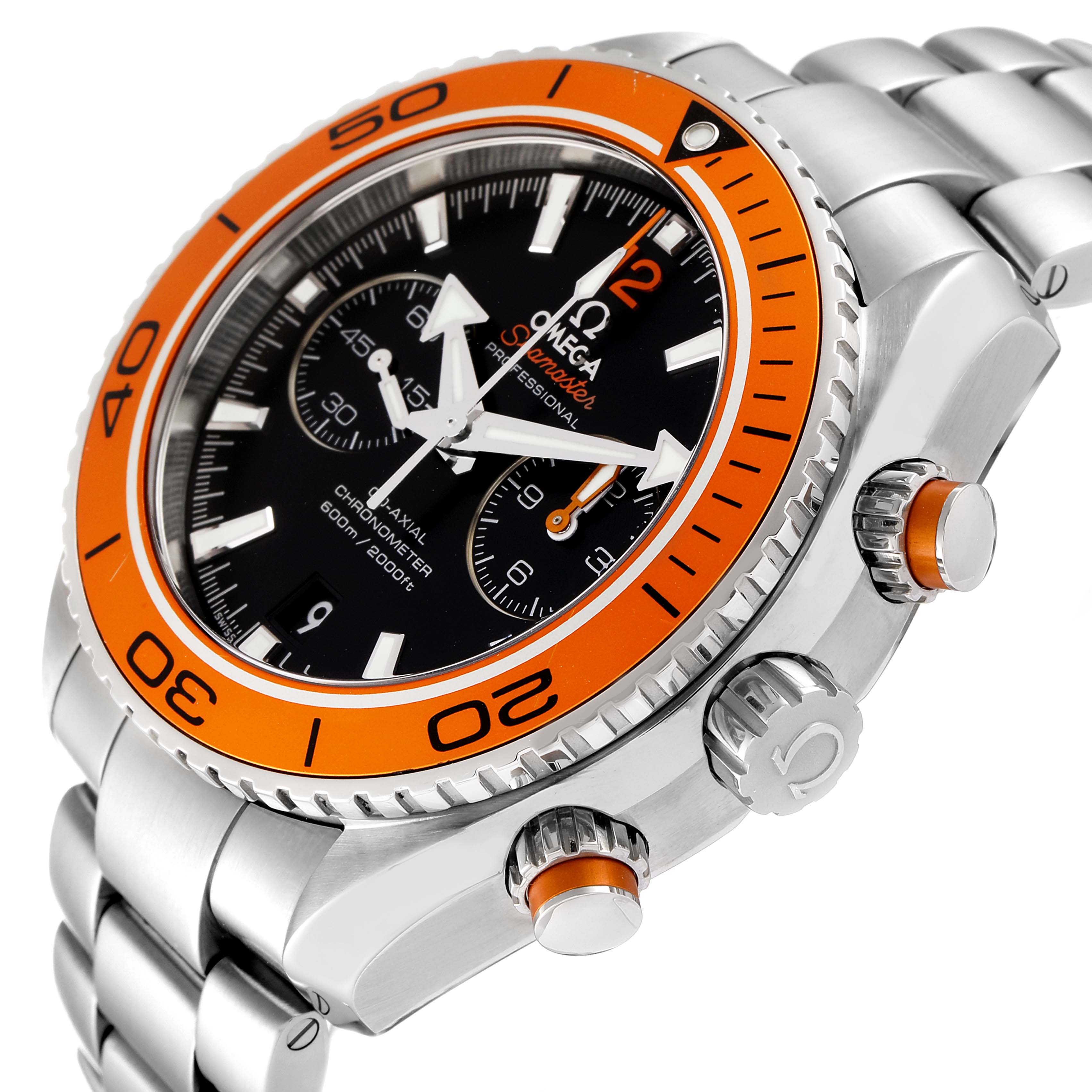 The Omega Planet Ocean 232.30.46.51.01.002 Men's Stainless Steel Black Dial 232.30.46.51.01.002 Men's Stainless Steel Black Dial watch is shown at an oblique angle, highlighting the orange bezel, crown, pushers, and stainless steel bracelet.