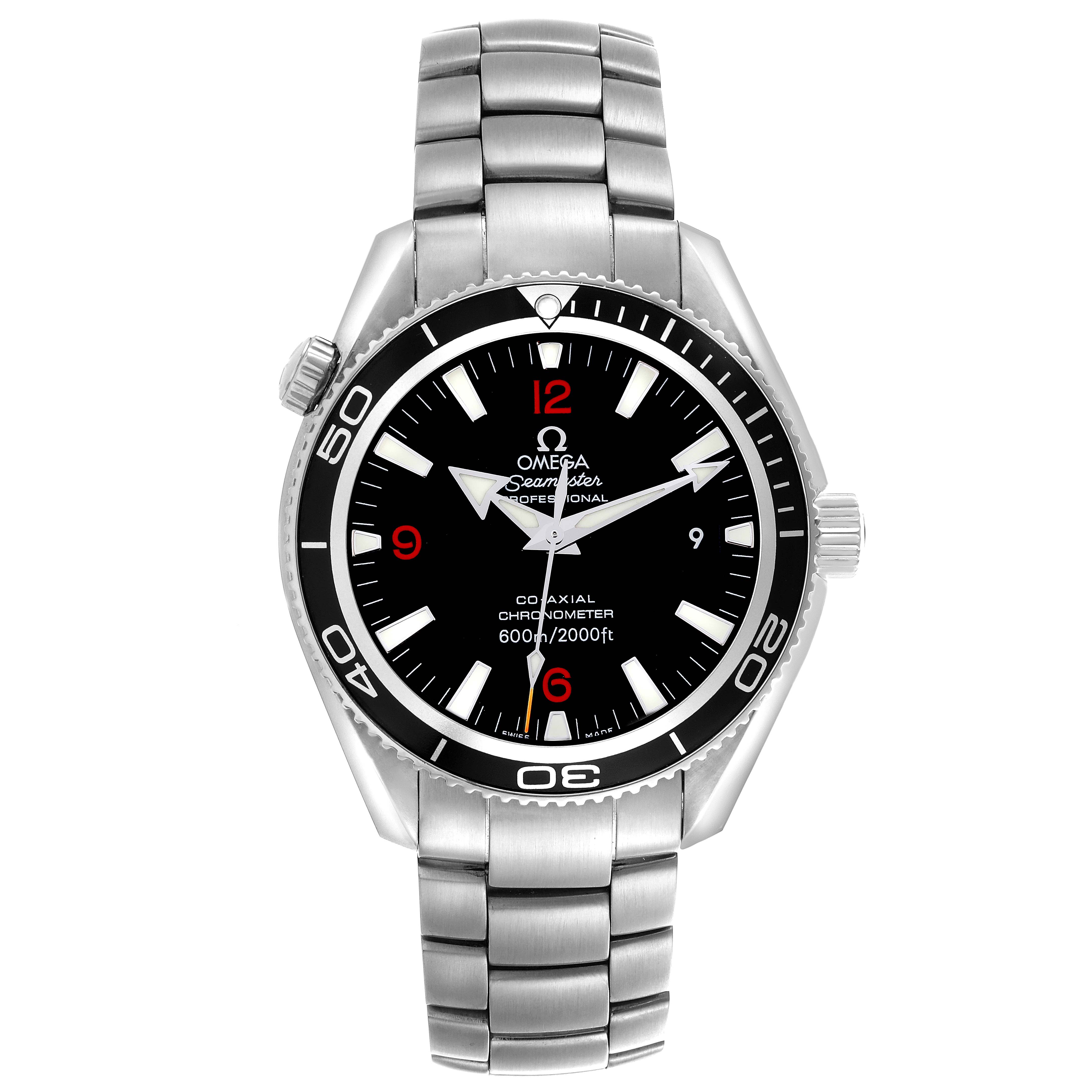 The Omega Planet Ocean 2201.51.00 Men
s Stainless Steel Black Dial 2201.51.00 Men
s Stainless Steel Black Dial watch is shown from the front, displaying the face and bracelet with visible bezel and crown.