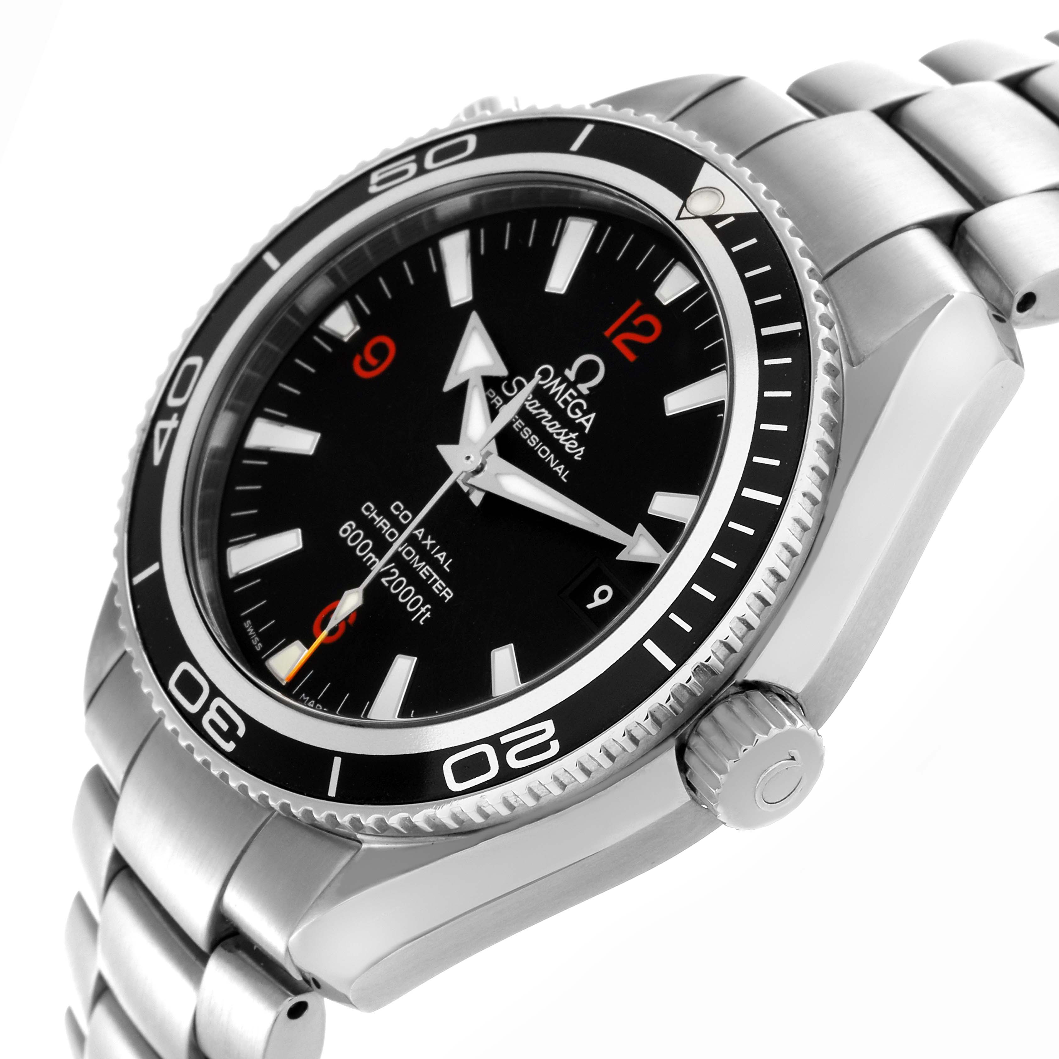 The Omega Planet Ocean 2201.51.00 Men
s Stainless Steel Black Dial 2201.51.00 Men
s Stainless Steel Black Dial watch is shown at a three-quarter angle, displaying the dial, bezel, crown, and bracelet.