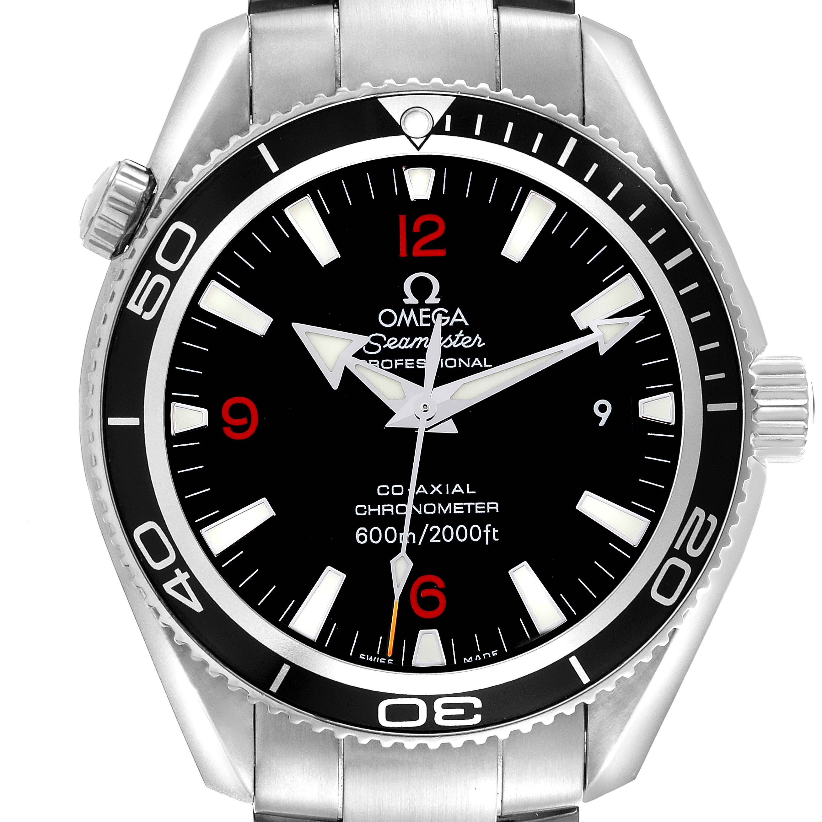 The Omega Planet Ocean 2201.51.00 Men
s Stainless Steel Black Dial 2201.51.00 Men
s Stainless Steel Black Dial watch is shown from a frontal angle, displaying its face, bezel, crown, and part of the bracelet.