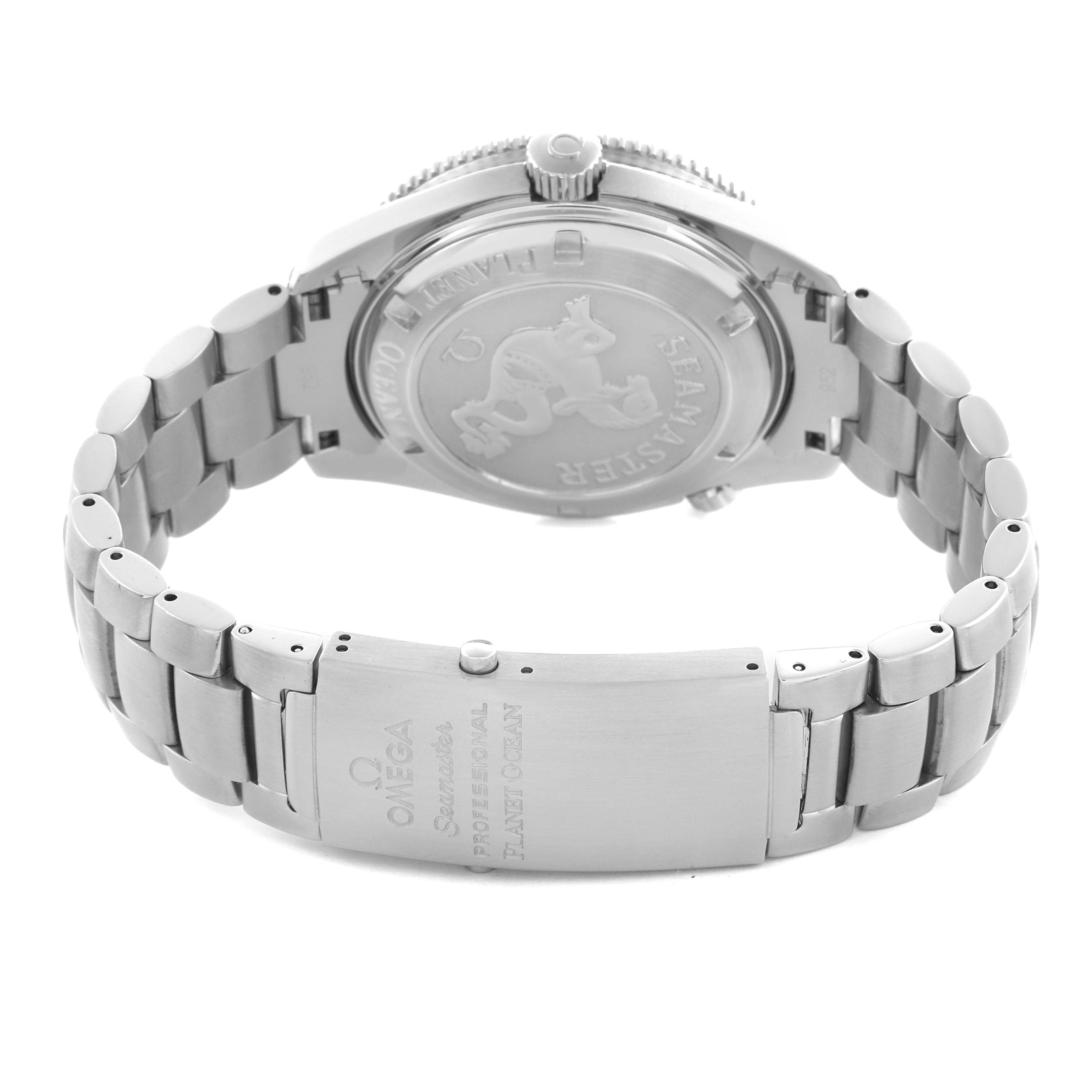 The image shows the back case and bracelet of an Omega Planet Ocean 2201.51.00 Men
s Stainless Steel Black Dial 2201.51.00 Men
s Stainless Steel Black Dial watch from a rear angle.