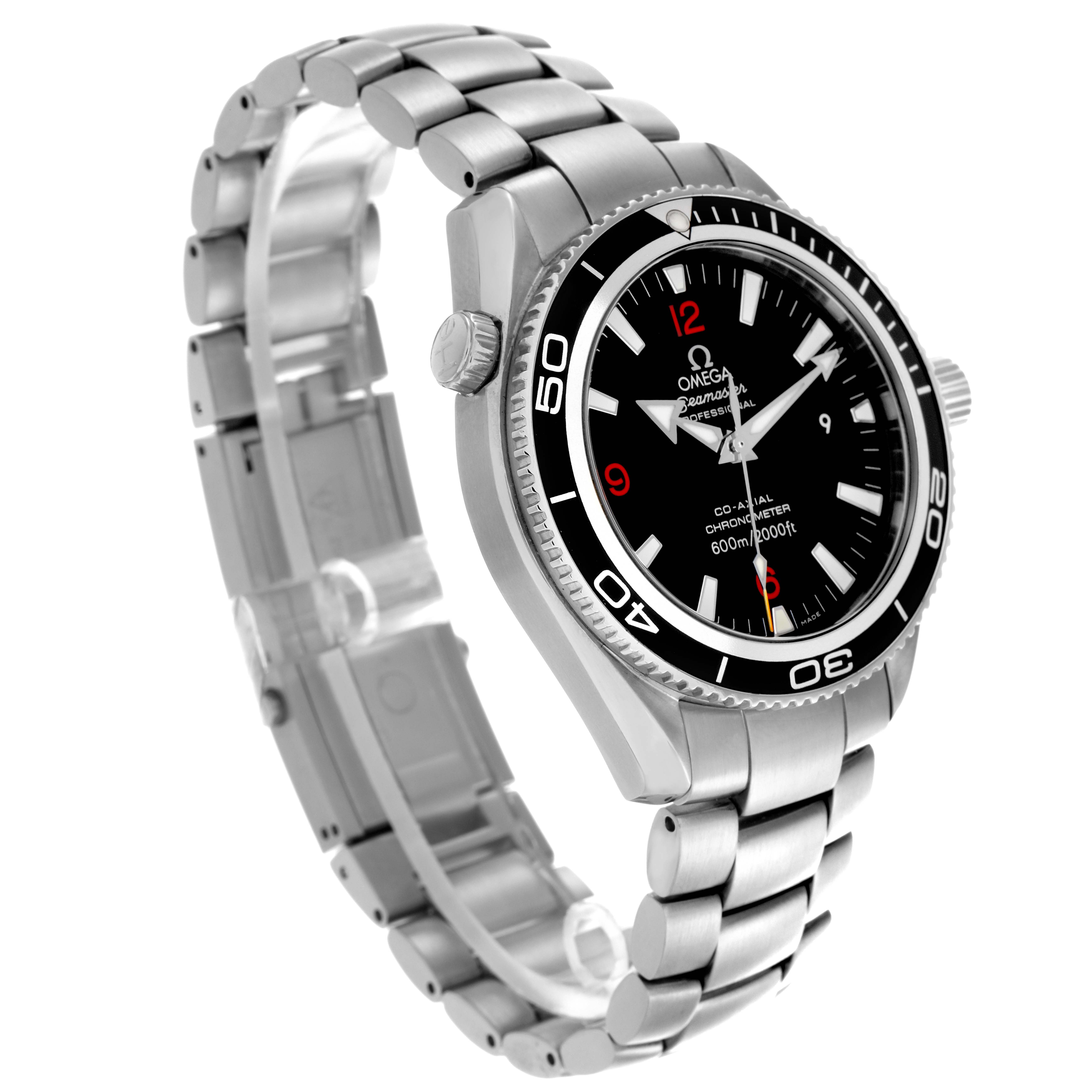 The Omega Planet Ocean 2201.51.00 Men
s Stainless Steel Black Dial 2201.51.00 Men
s Stainless Steel Black Dial watch is shown at a three-quarter angle, highlighting the face, bezel, and metal bracelet.