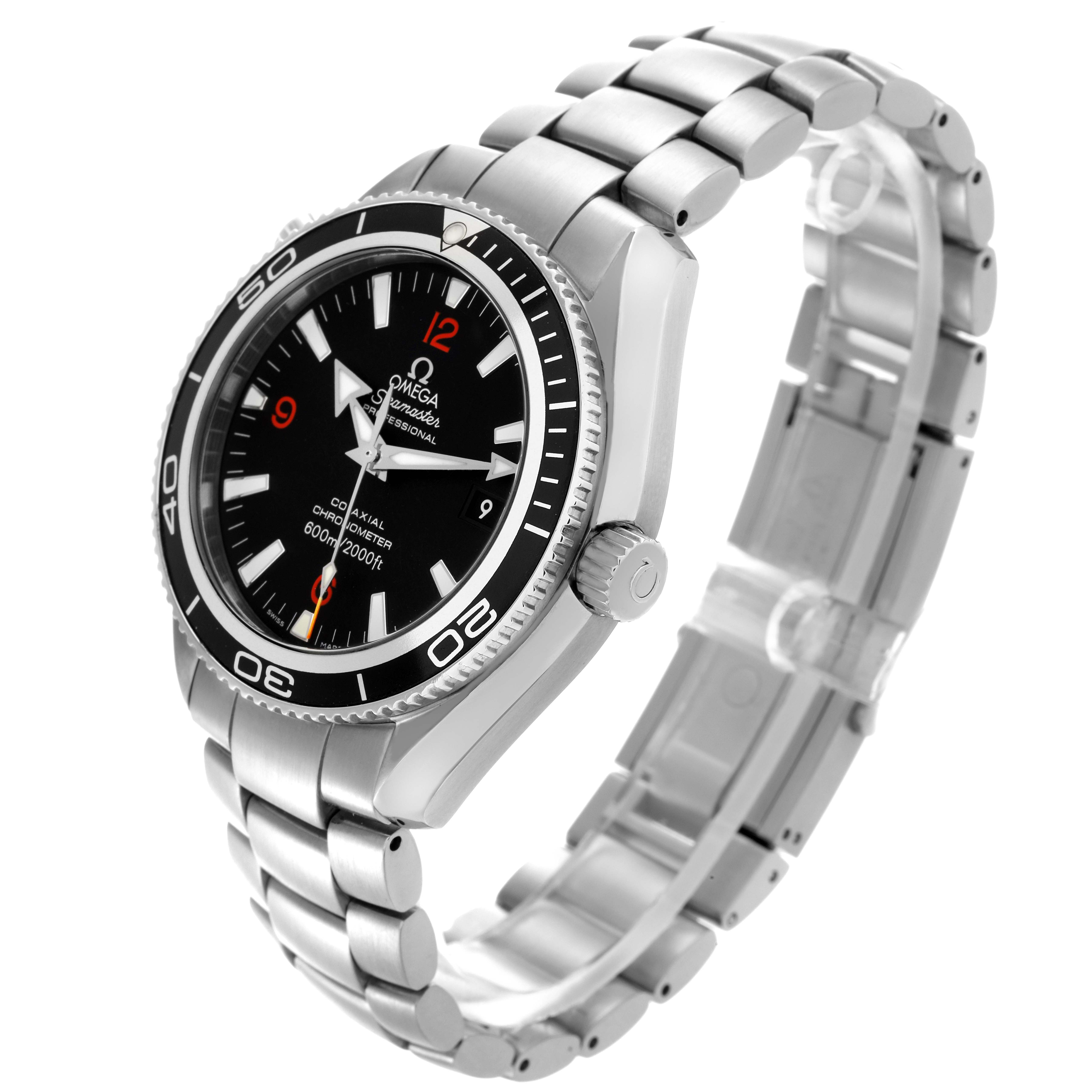 The Omega Planet Ocean 2201.51.00 Men
s Stainless Steel Black Dial 2201.51.00 Men
s Stainless Steel Black Dial watch is shown at a slight angle, highlighting the face, bezel, crown, and stainless steel bracelet.