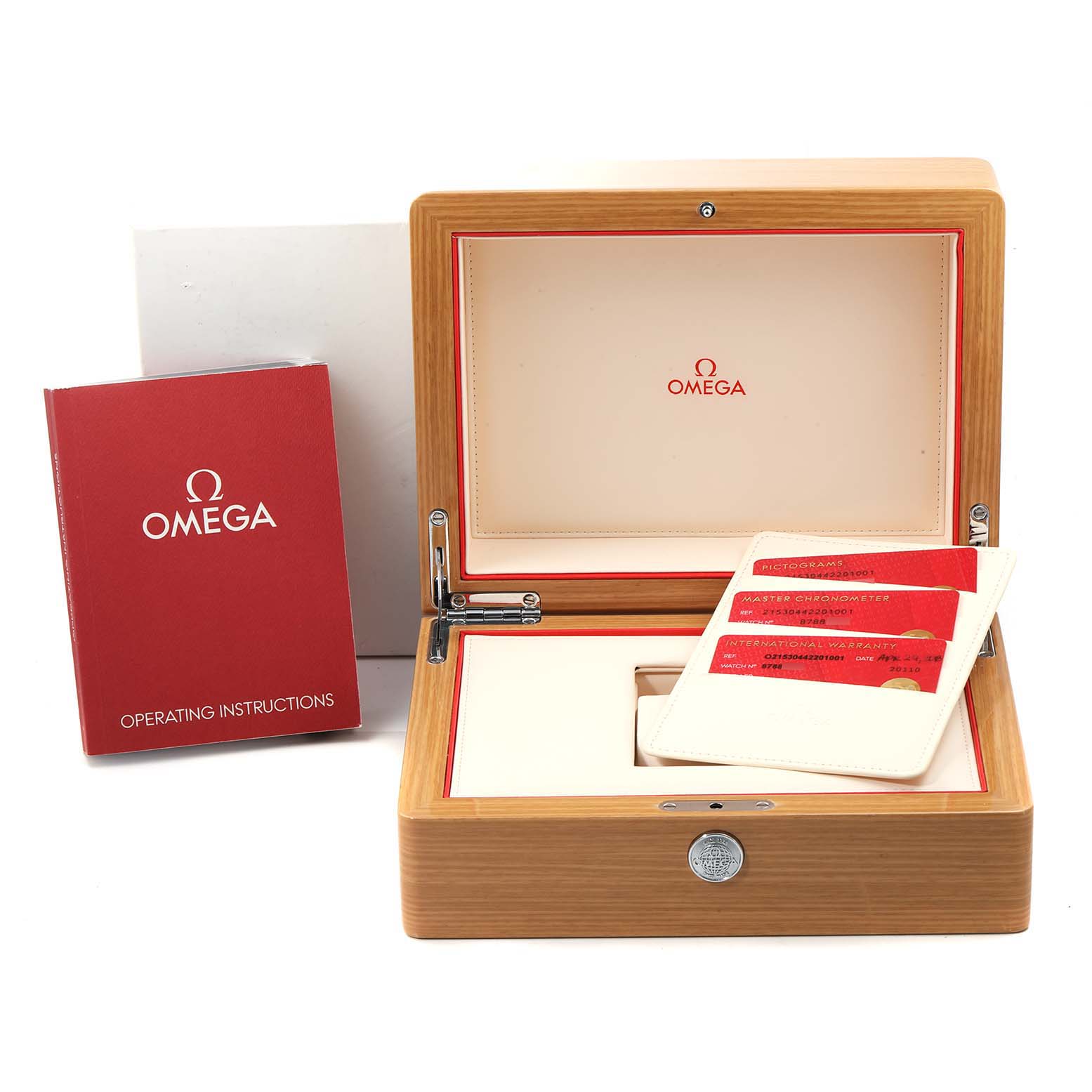 This image shows the opened presentation box, warranty cards, and operating instructions for an Omega Planet Ocean 215.30.44.22.03.001 Men
s Stainless Steel Black Dial 215.30.44.22.03.001 Men
s Stainless Steel Black Dial watch.