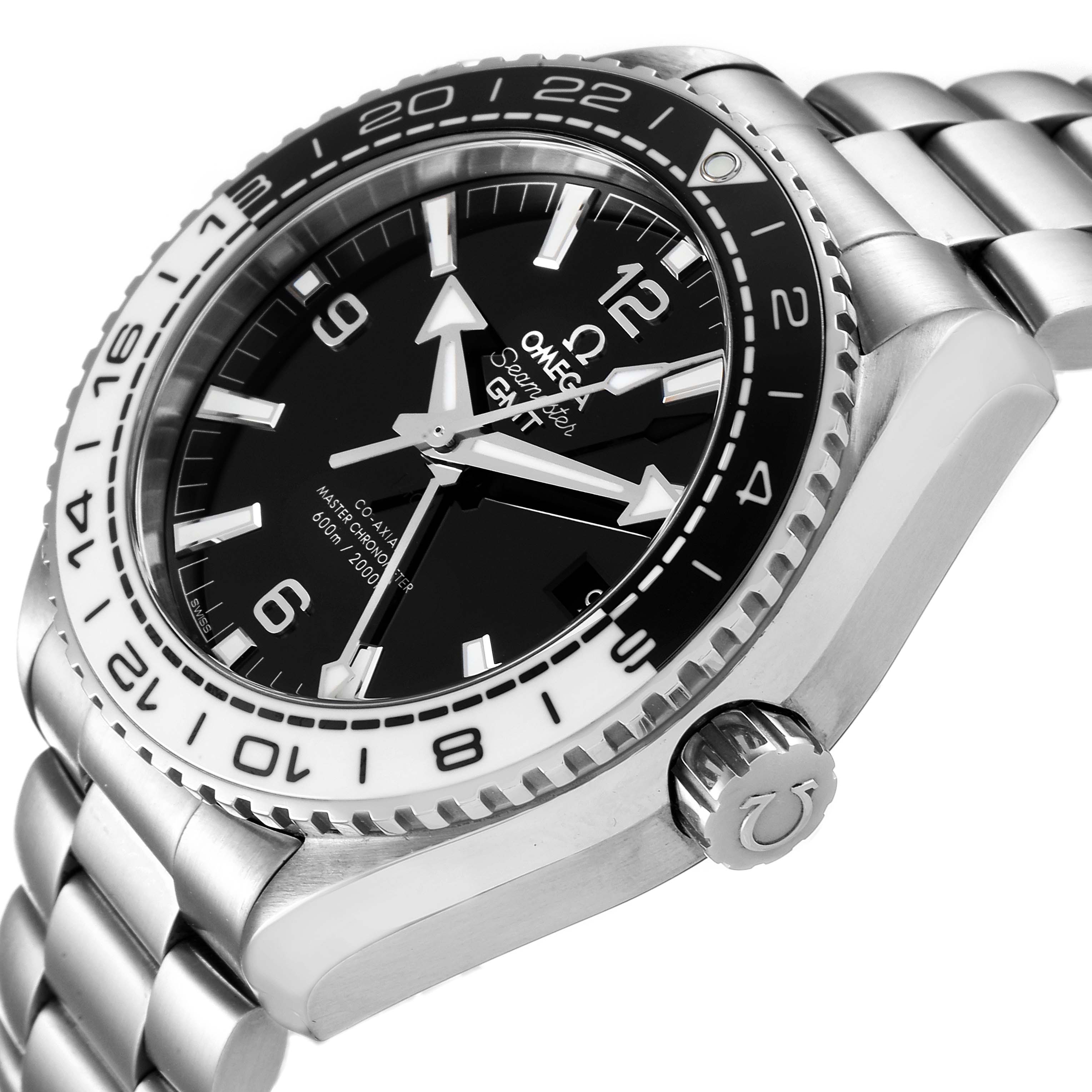 This image shows a side angle of the Omega Planet Ocean 215.30.44.22.03.001 Men
s Stainless Steel Black Dial 215.30.44.22.03.001 Men
s Stainless Steel Black Dial watch, highlighting its crown, dial, bezel, and stainless steel bracelet.