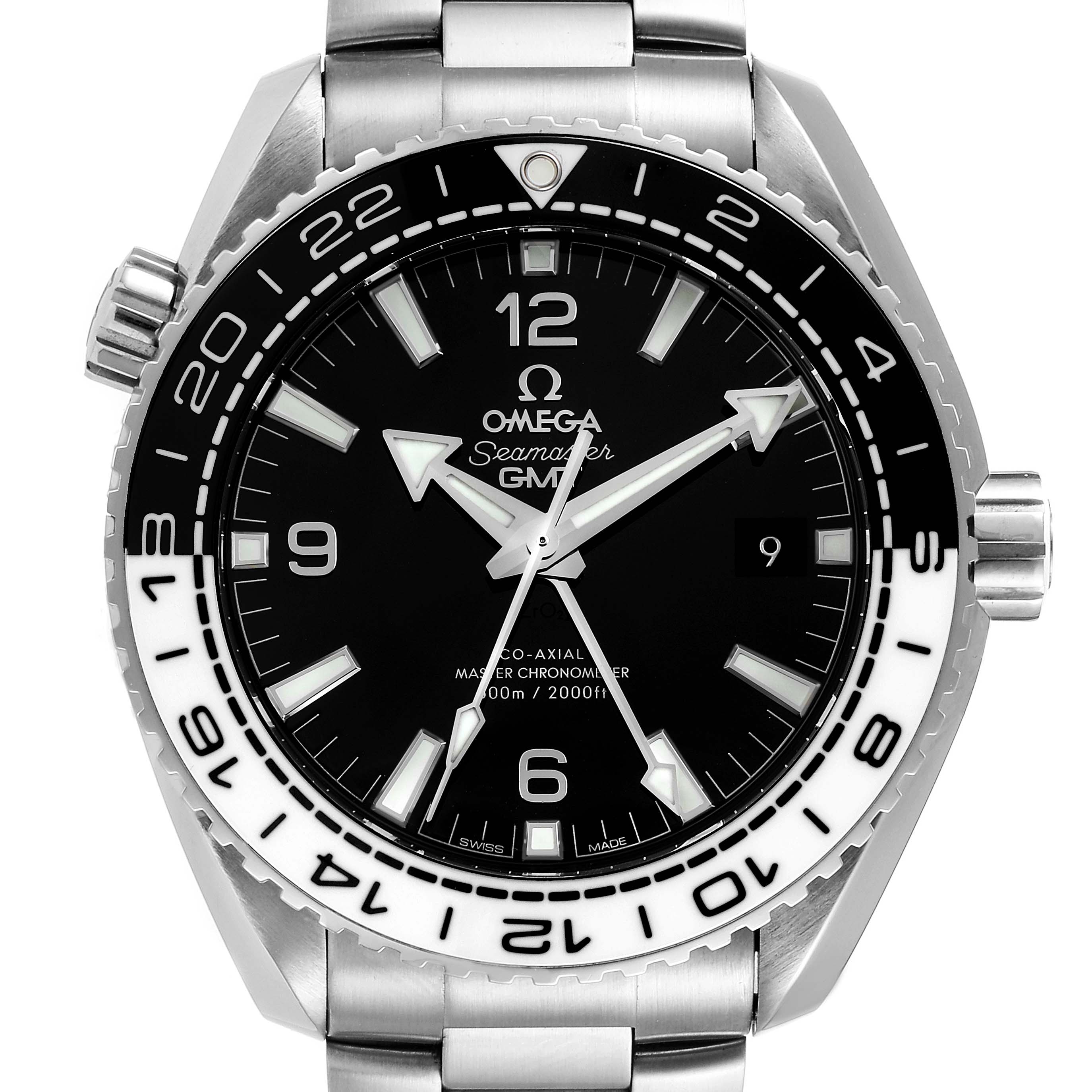 The image shows a front view of the Omega Planet Ocean 215.30.44.22.03.001 Men
s Stainless Steel Black Dial 215.30.44.22.03.001 Men
s Stainless Steel Black Dial Seamaster GMT watch, displaying the dial, hands, and bezel.