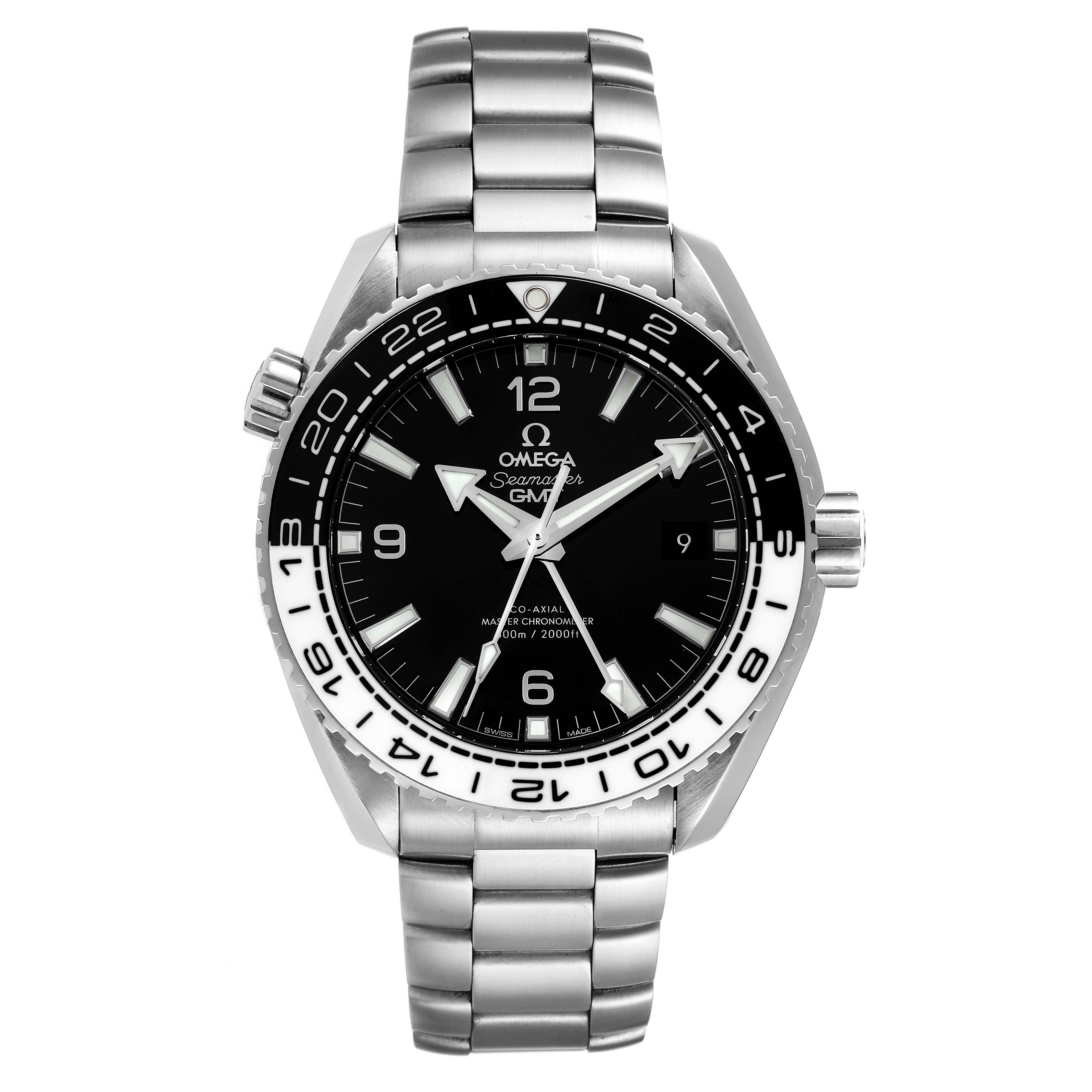 The image shows a front view of the Omega Planet Ocean 215.30.44.22.03.001 Men
s Stainless Steel Black Dial 215.30.44.22.03.001 Men
s Stainless Steel Black Dial watch, focusing on the dial, bezel, and stainless steel bracelet.