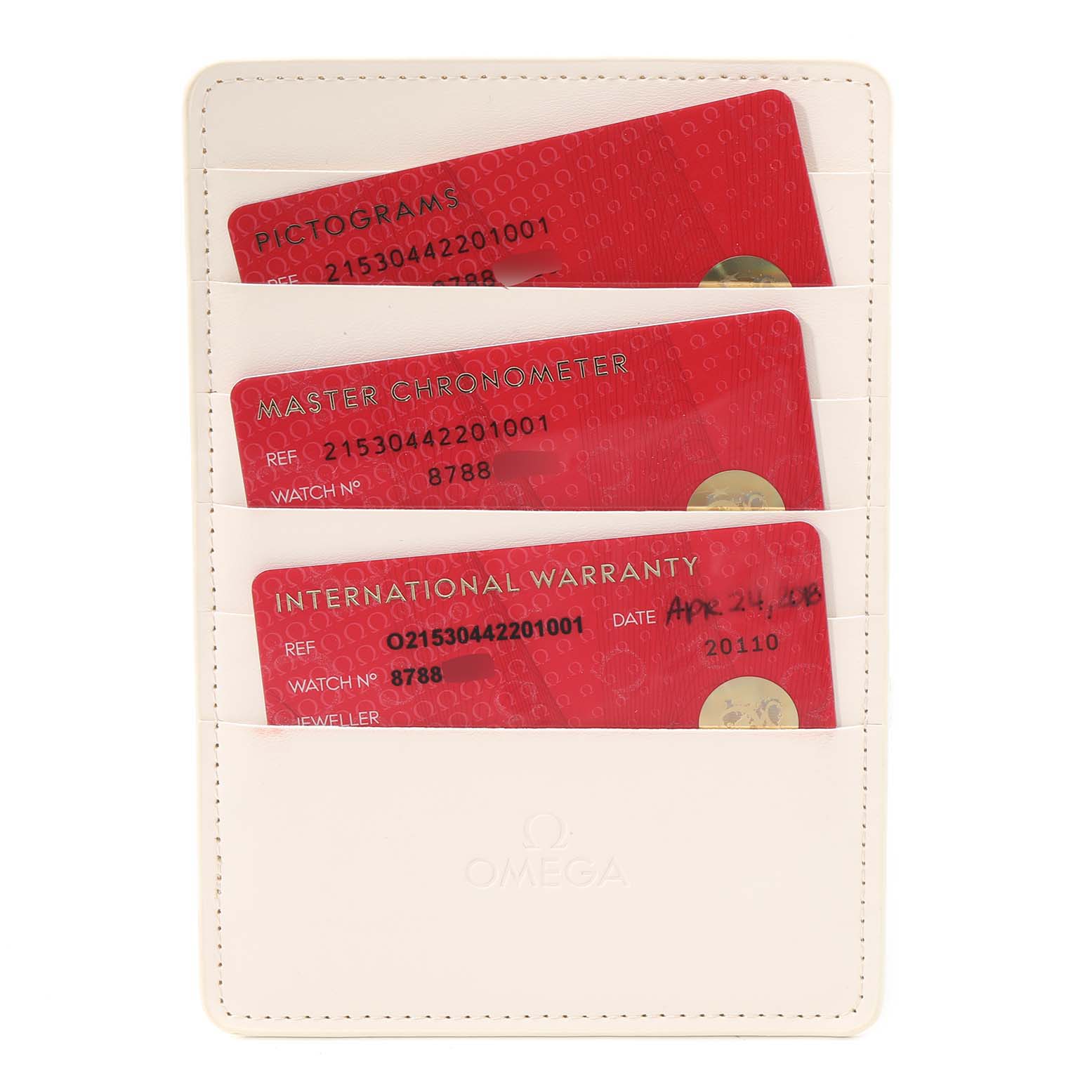 The image shows Omega Planet Ocean 215.30.44.22.03.001 Men
s Stainless Steel Black Dial 215.30.44.22.03.001 Men
s Stainless Steel Black Dial watch documentation cards in a white holder.