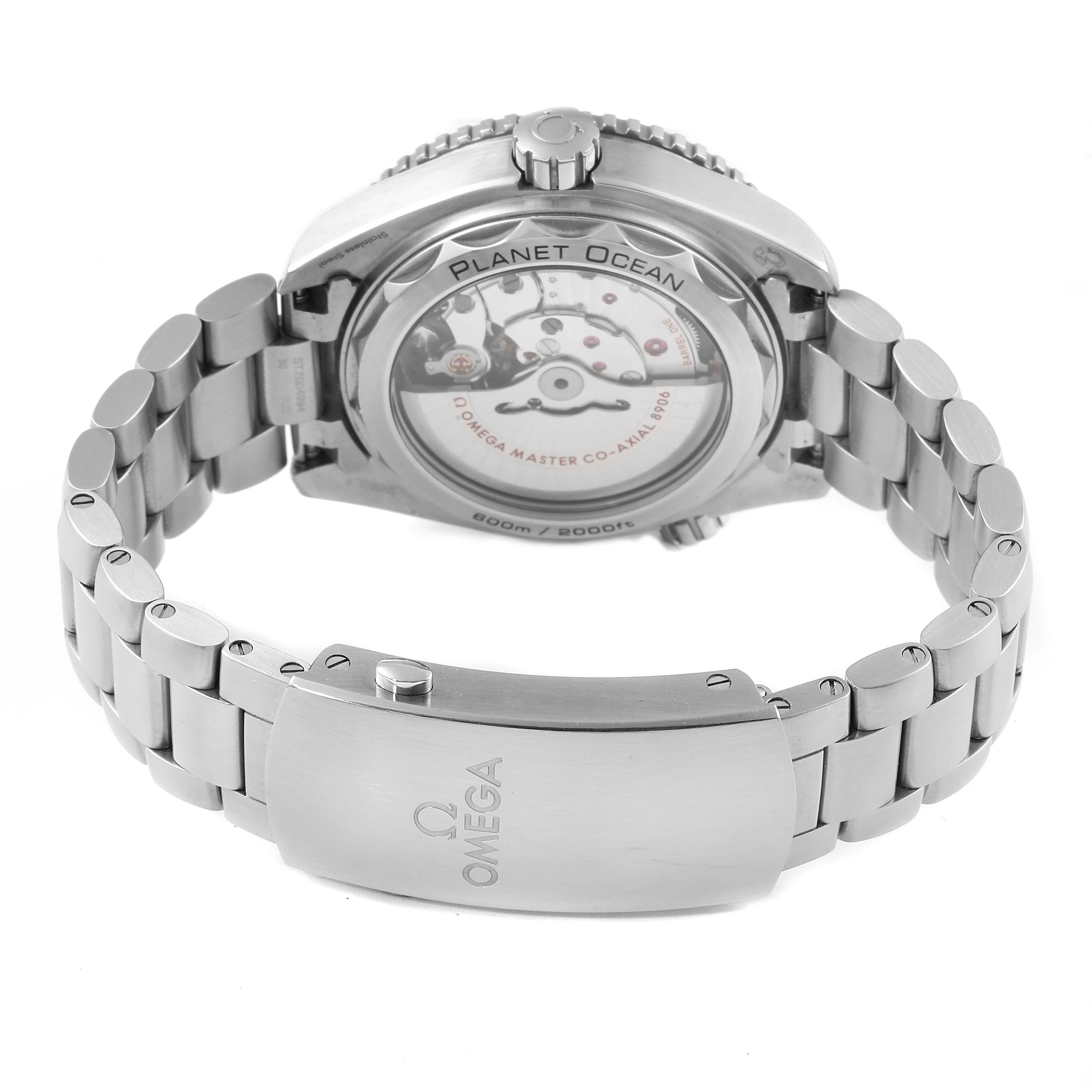 The image shows the back view of the Omega Planet Ocean 215.30.44.22.03.001 Men
s Stainless Steel Black Dial 215.30.44.22.03.001 Men
s Stainless Steel Black Dial watch, highlighting its case back and the metal bracelet.