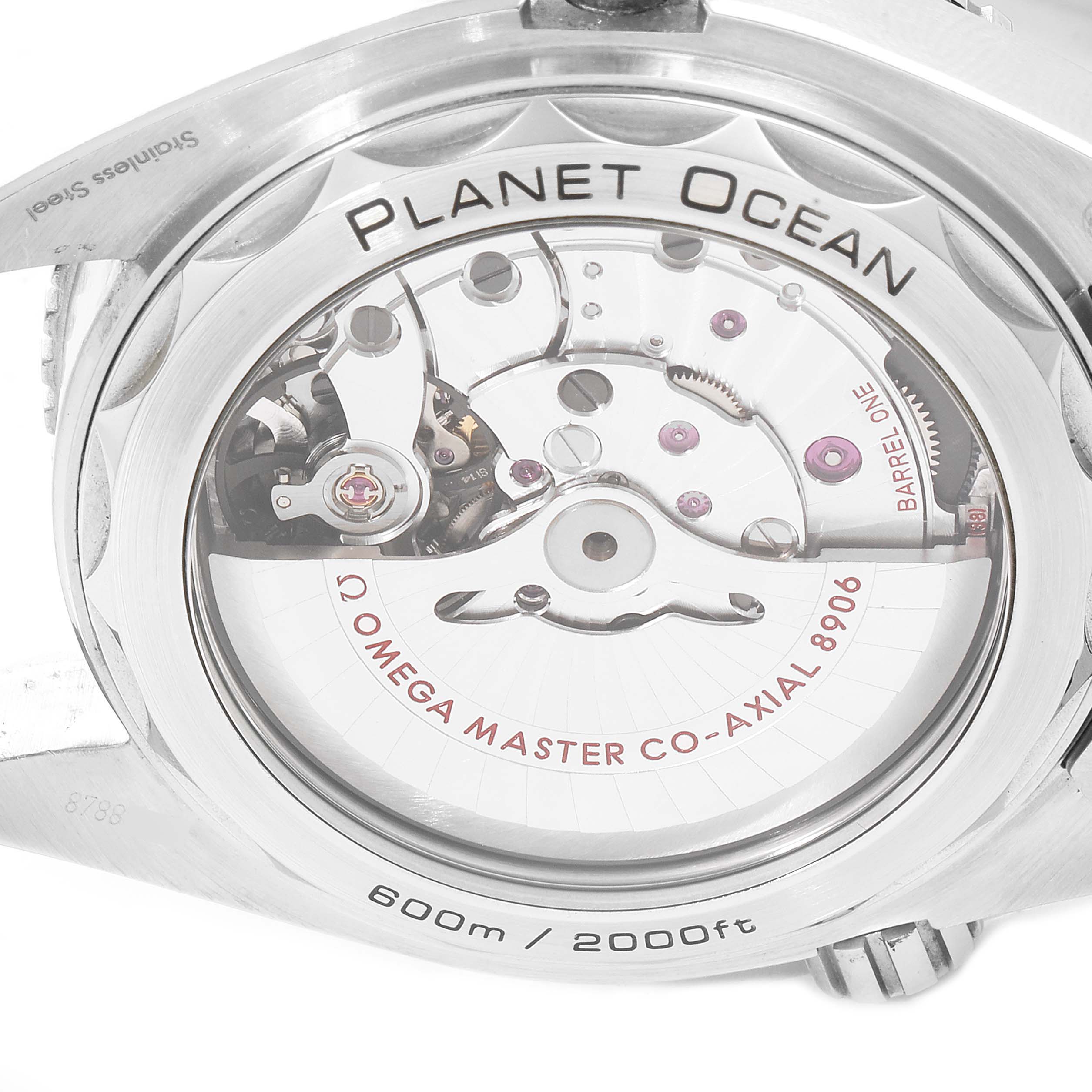 The image shows the back view of an Omega Planet Ocean 215.30.44.22.03.001 Men
s Stainless Steel Black Dial 215.30.44.22.03.001 Men
s Stainless Steel Black Dial watch, displaying the movement and parts of the Co-Axial 8906 caliber.