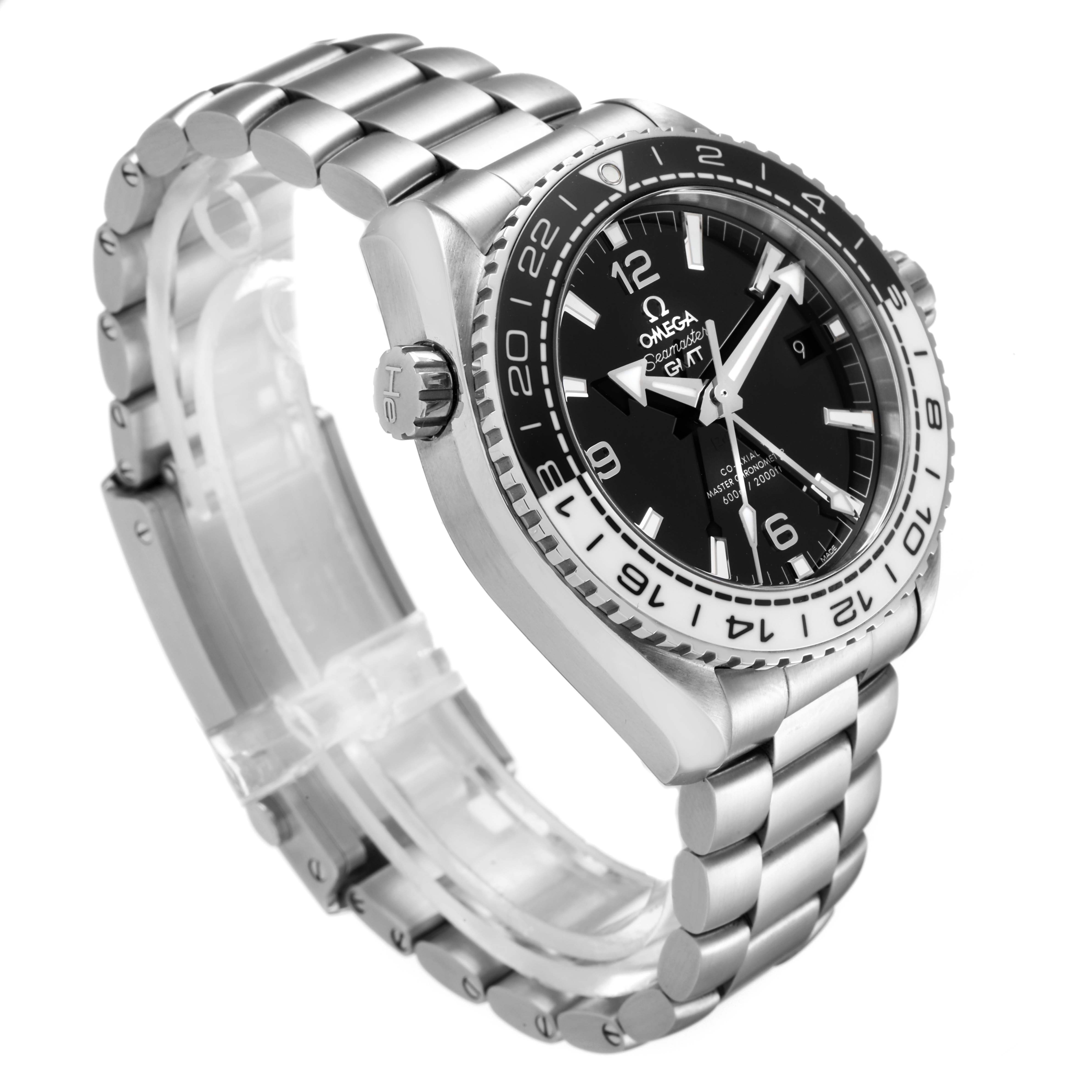 The image shows a side angle of the Omega Planet Ocean 215.30.44.22.03.001 Men
s Stainless Steel Black Dial 215.30.44.22.03.001 Men
s Stainless Steel Black Dial watch, highlighting the bezel, crown, bracelet, and face.