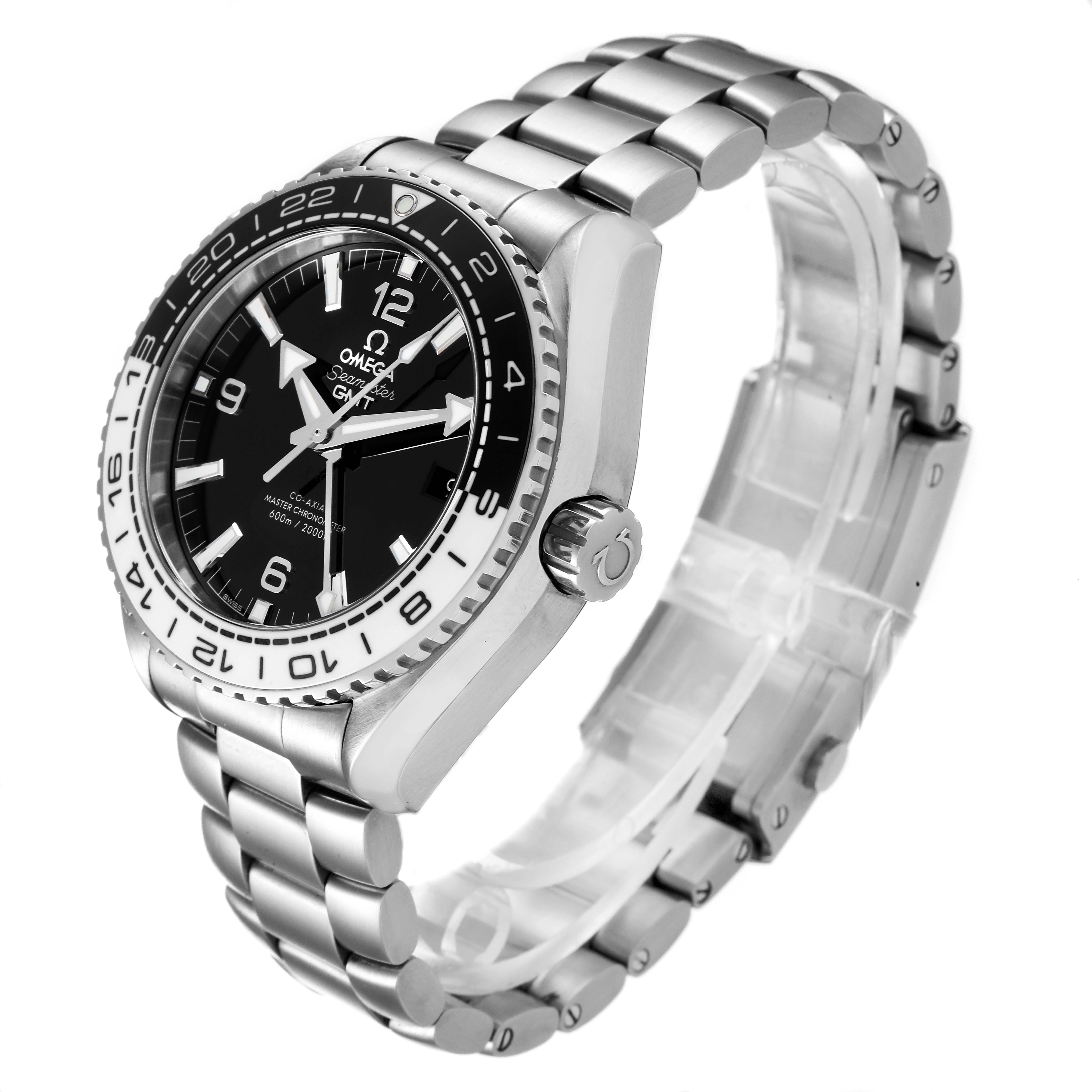 This image shows a side and front angle of the Omega Planet Ocean 215.30.44.22.03.001 Men
s Stainless Steel Black Dial 215.30.44.22.03.001 Men
s Stainless Steel Black Dial watch, highlighting the face, bezel, crown, and metal bracelet.