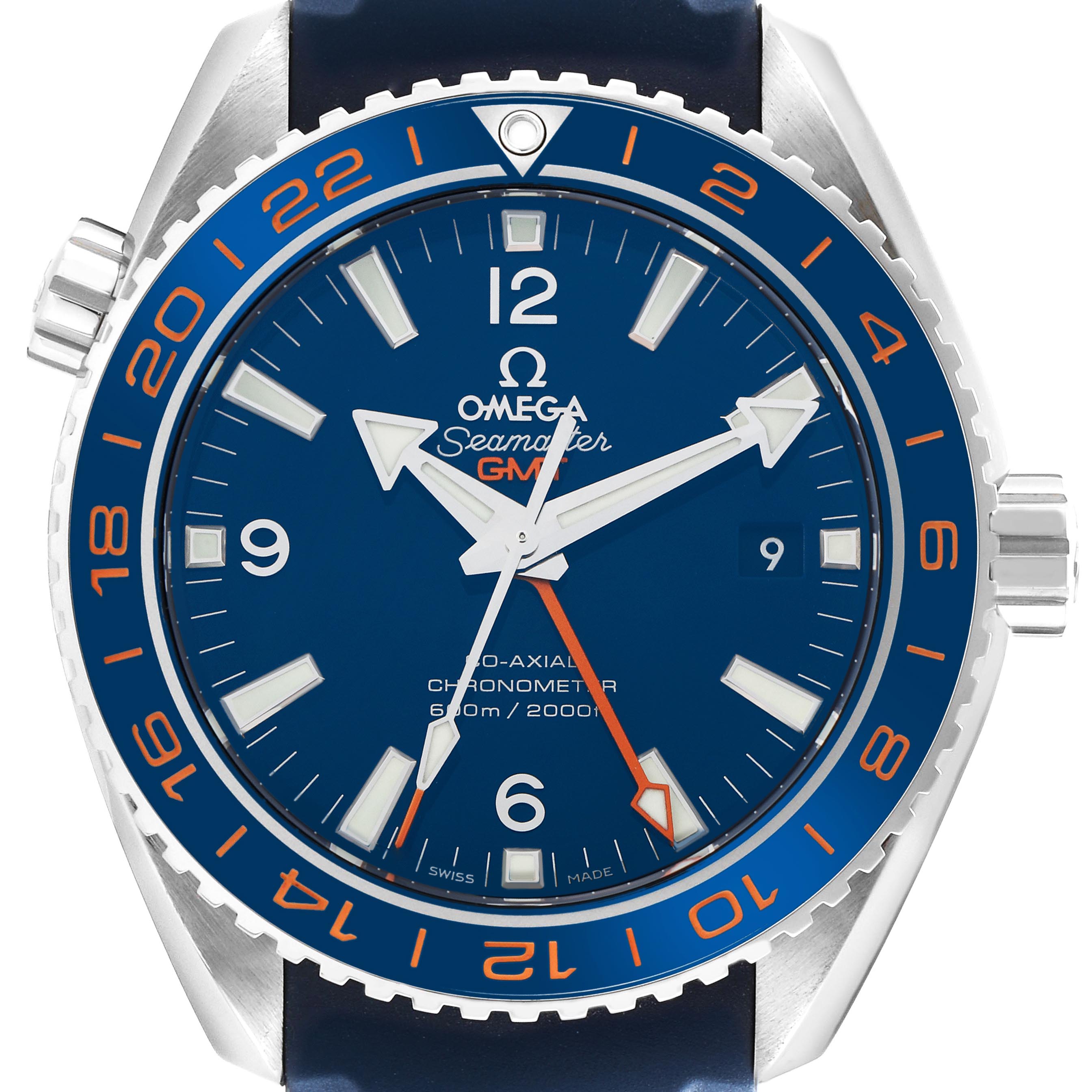 The Omega Planet Ocean 232.32.44.22.03.001 Men's Stainless Steel Blue Dial 232.32.44.22.03.001 Men's Stainless Steel Blue Dial watch is shown from the front, highlighting the dial, bezel, and crown.