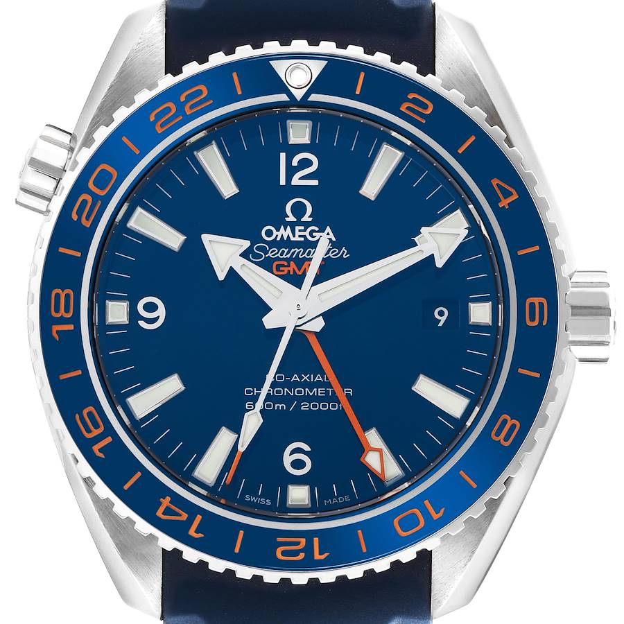 The Omega Planet Ocean watch is shown from the front, highlighting the dial, bezel, and crown.