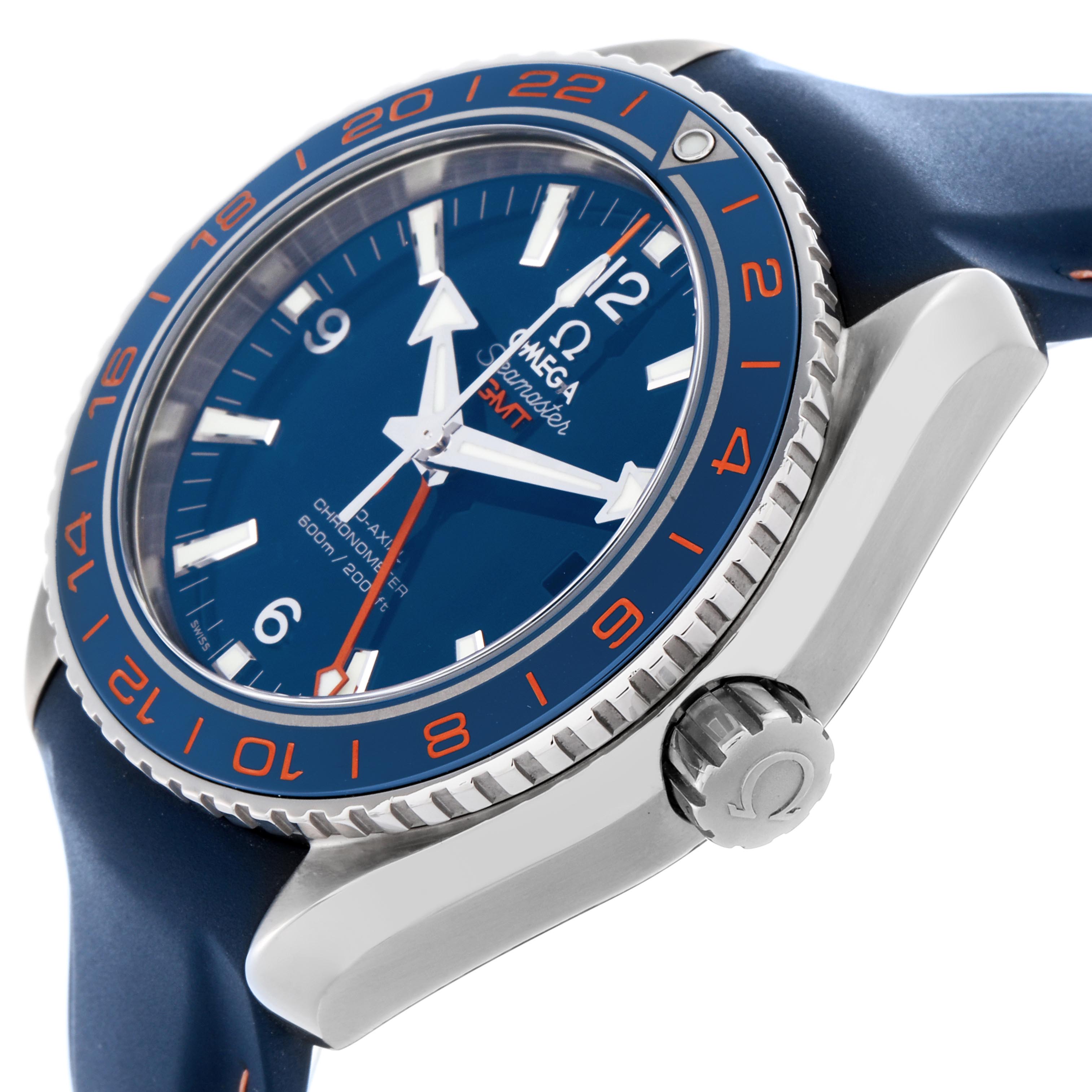 The Omega Planet Ocean 232.32.44.22.03.001 Men's Stainless Steel Blue Dial 232.32.44.22.03.001 Men's Stainless Steel Blue Dial watch is shown at an angle, highlighting the bezel, crown, and part of the strap.